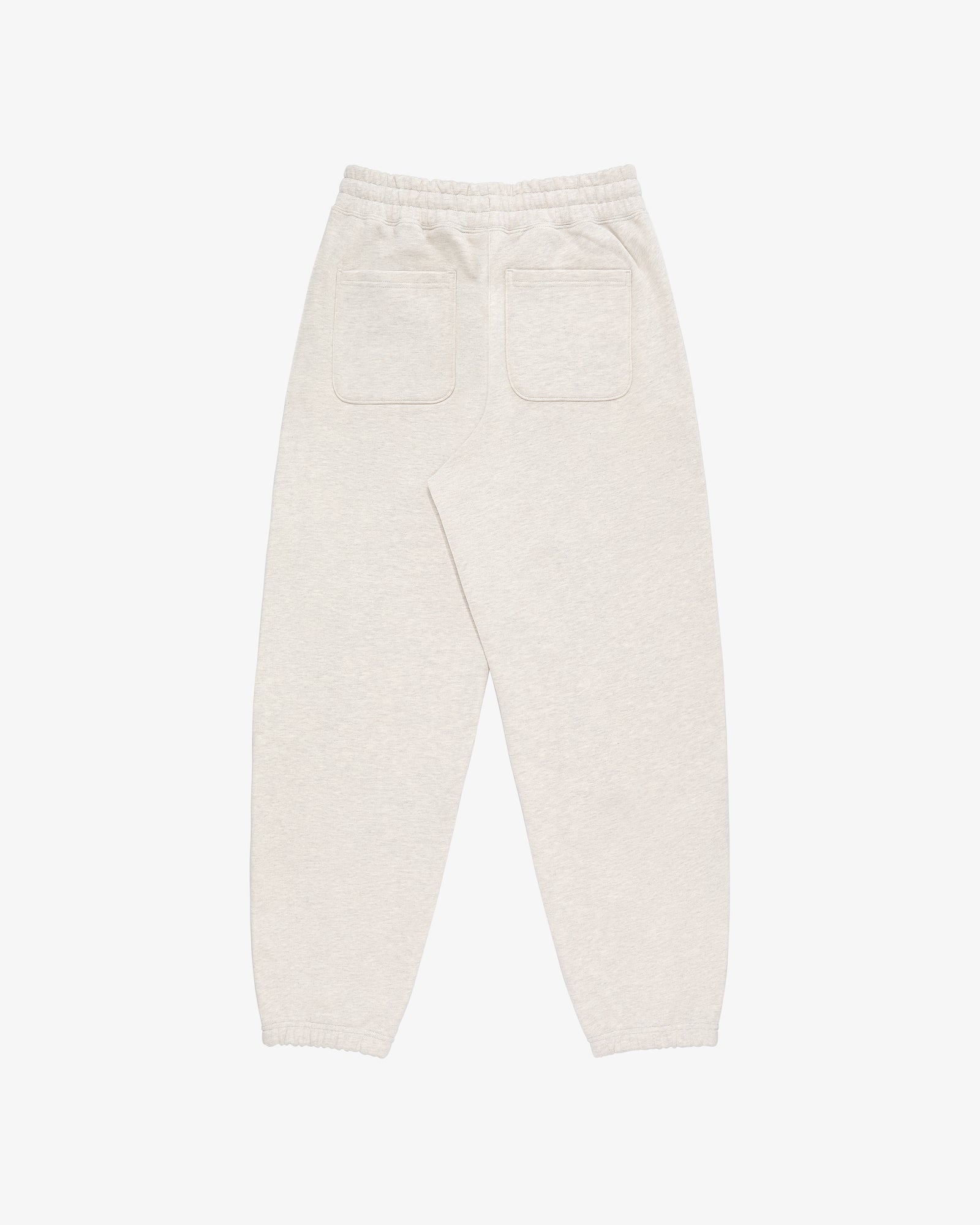 Back view of Tonal Logo Sweatpants in light beige with elastic waistband, back pockets, and cuffs on white background.