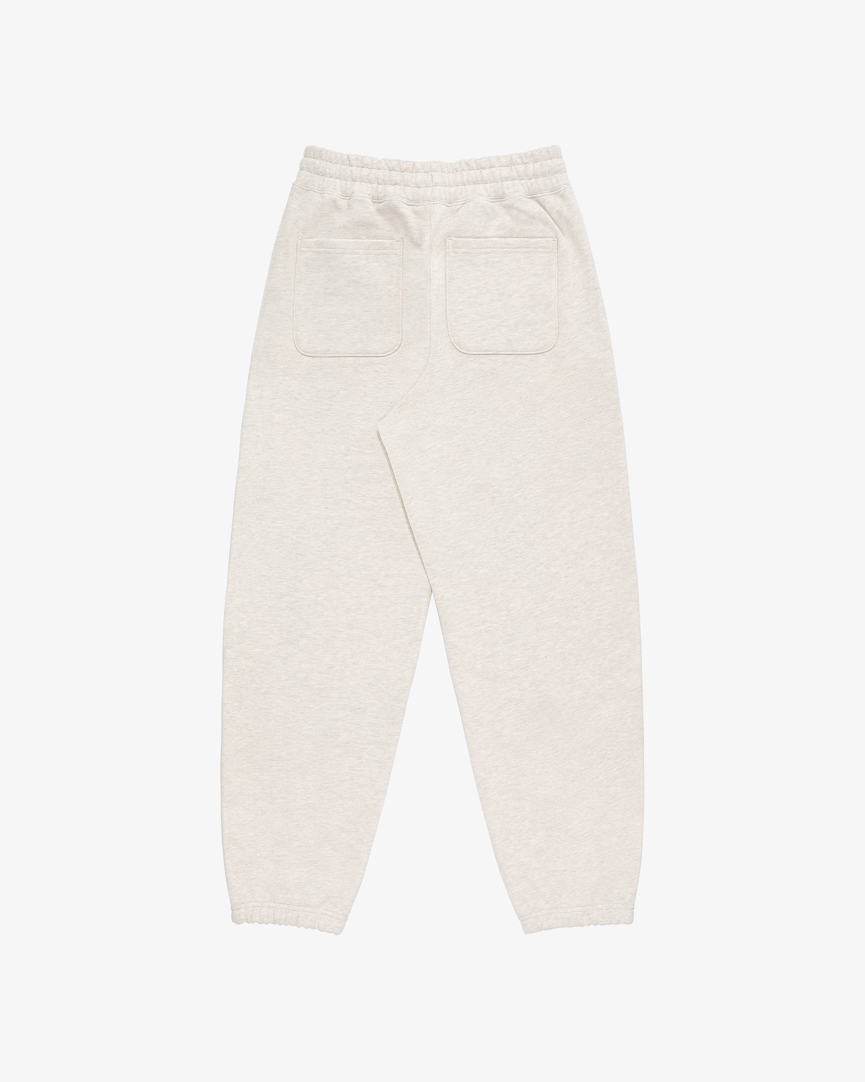 Back view of Tonal Logo Sweatpants in light beige with elastic waistband, back pockets, and cuffs on white background.