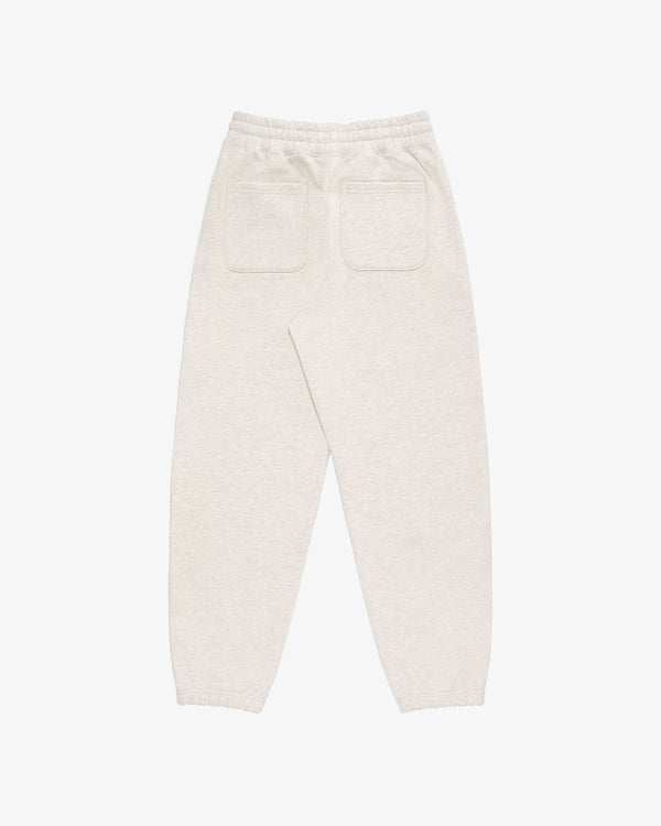 Back view of Tonal Logo Sweatpants in light beige with elastic waistband, back pockets, and cuffs on white background.