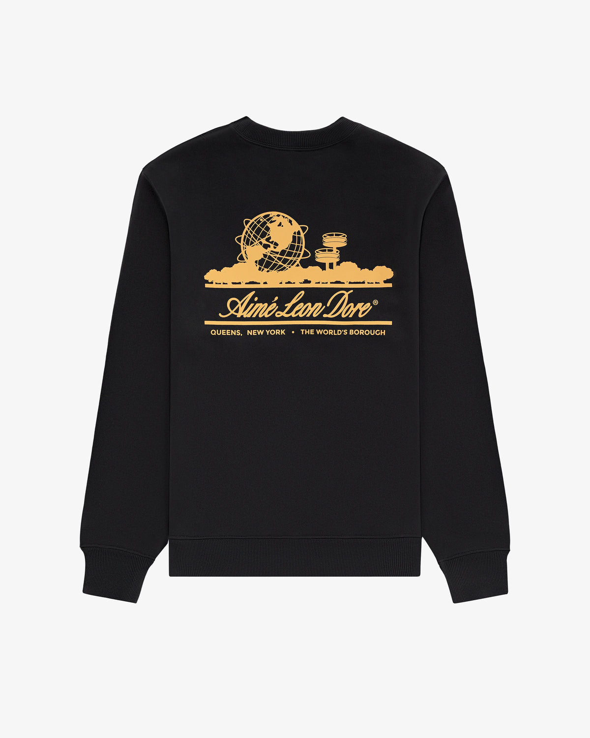 Unisphere Crewneck Sweatshirt: black with a gold Unisphere graphic and Aimé Leon Dore Queens, New York text.