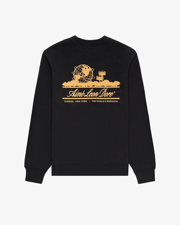 Unisphere Crewneck Sweatshirt: black with a gold Unisphere graphic and Aimé Leon Dore Queens, New York text.