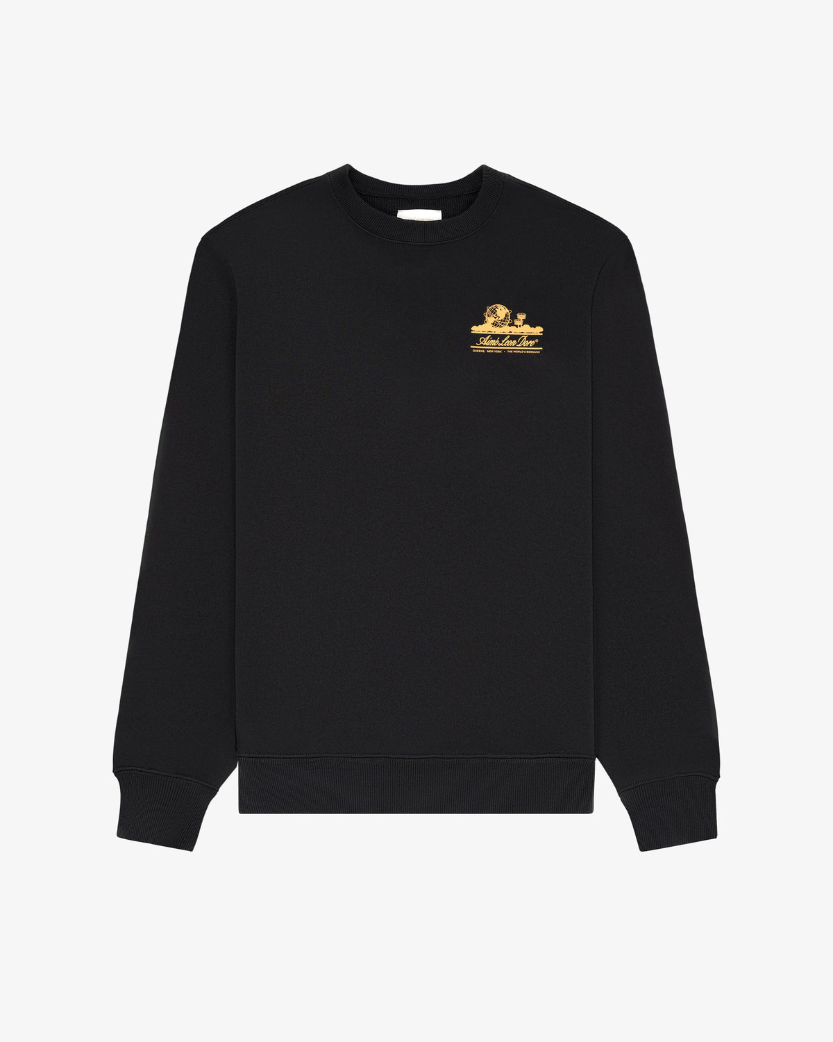 Unisphere Crewneck Sweatshirt in black with long sleeves and a small gold logo on the left chest, on a white background.
