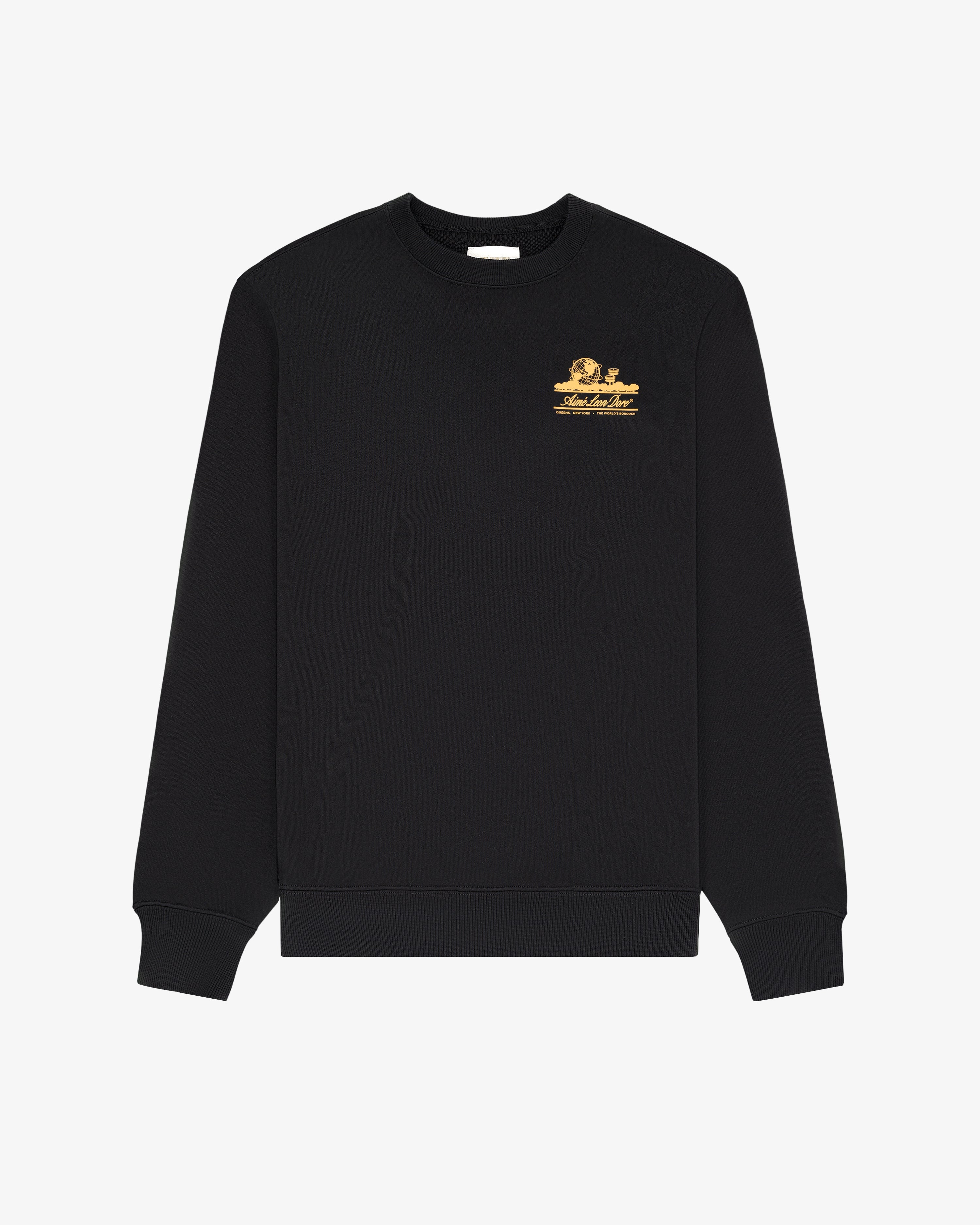 Unisphere Crewneck Sweatshirt in black with long sleeves and a small gold logo on the left chest, on a white background.