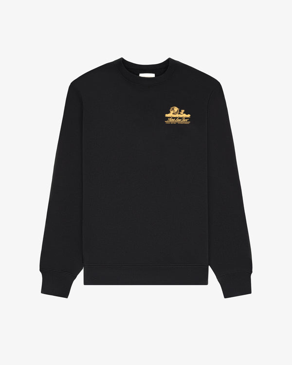 Unisphere Crewneck Sweatshirt in black with long sleeves and a small gold logo on the left chest, on a white background.