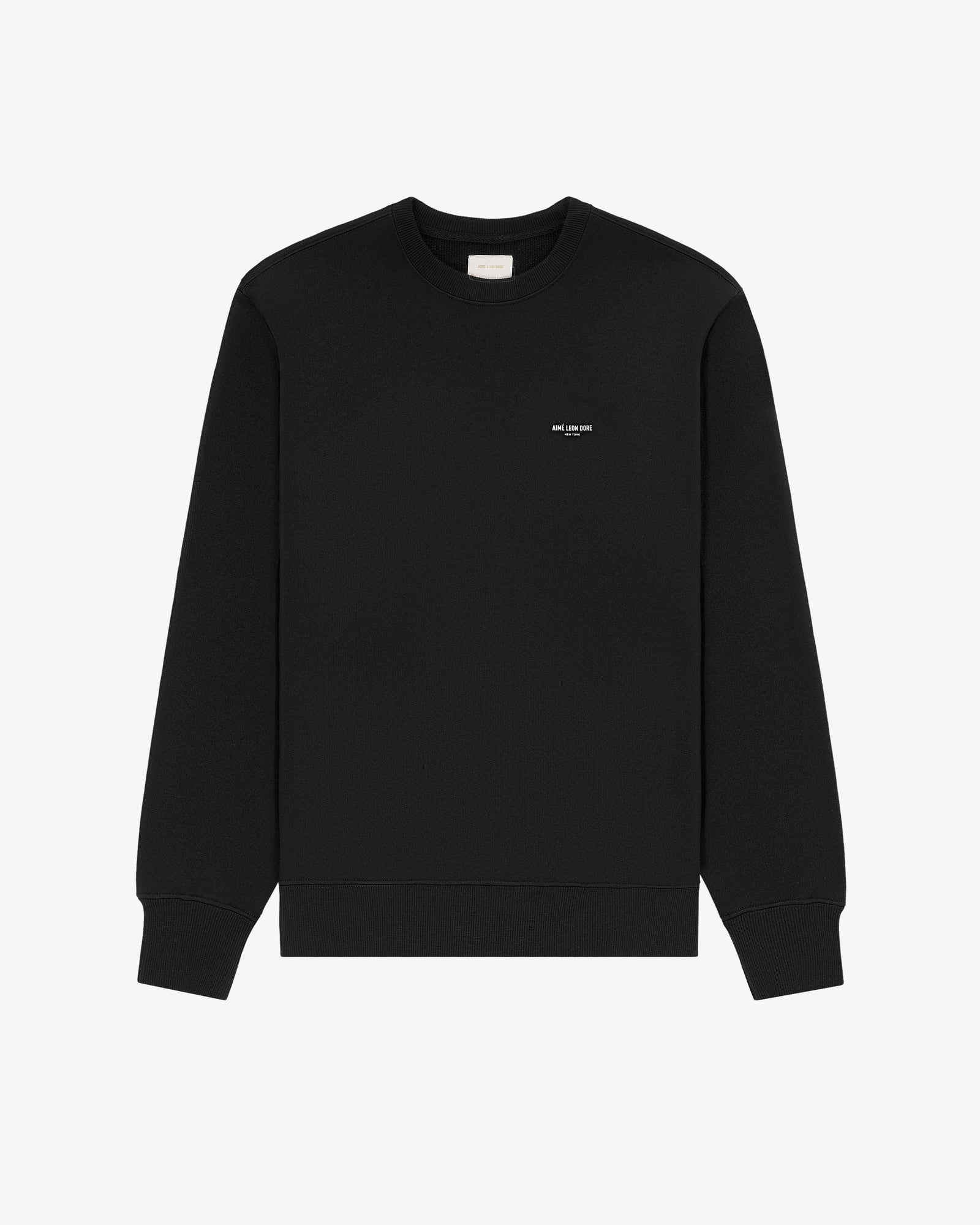 Micro Logo Crewneck Sweatshirt in black with long sleeves, small white chest text, shown on a white background.