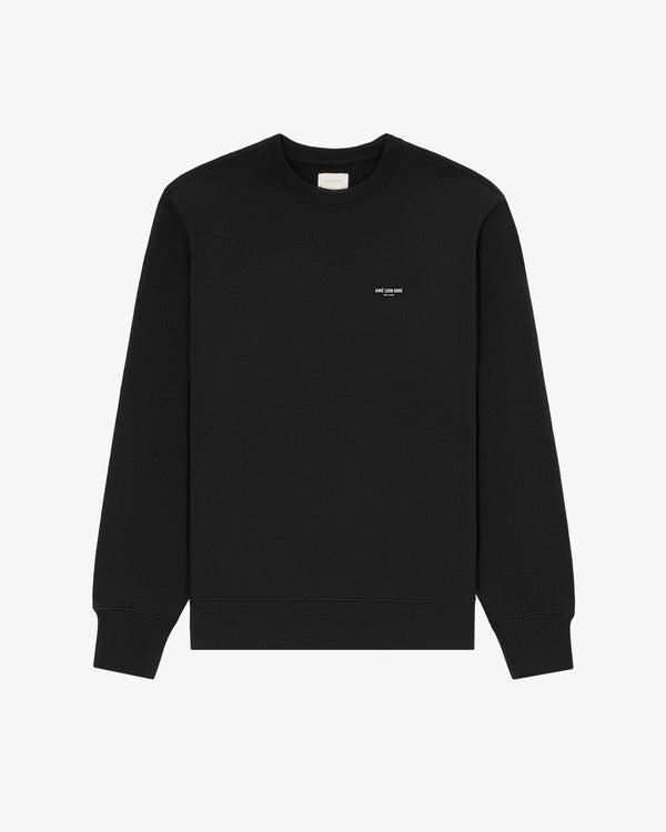 Micro Logo Crewneck Sweatshirt in black with long sleeves, small white chest text, shown on a white background.