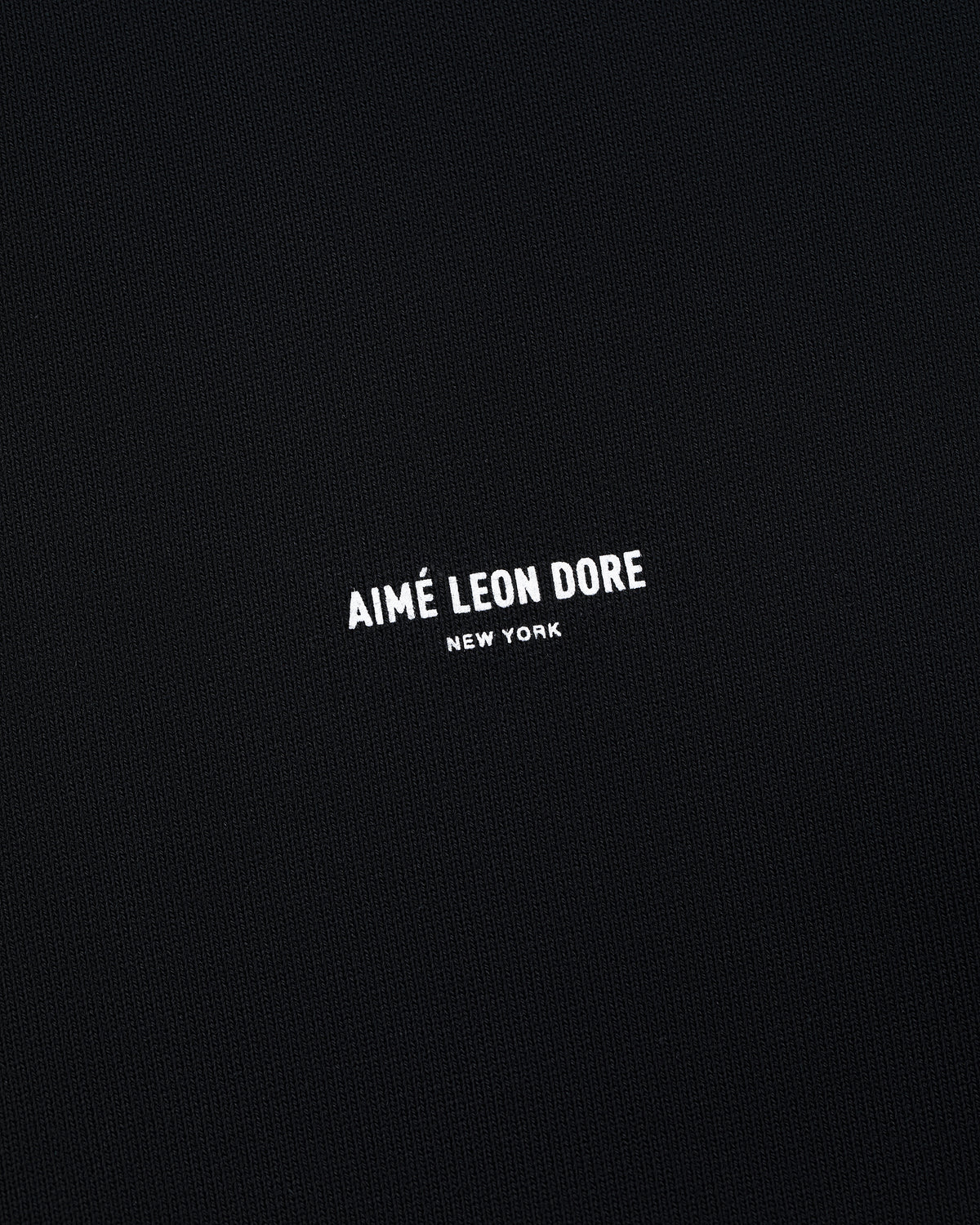 Black Micro Logo Hoodie with small white "AIMÉ LEON DORE NEW YORK" text centered on the fabric.