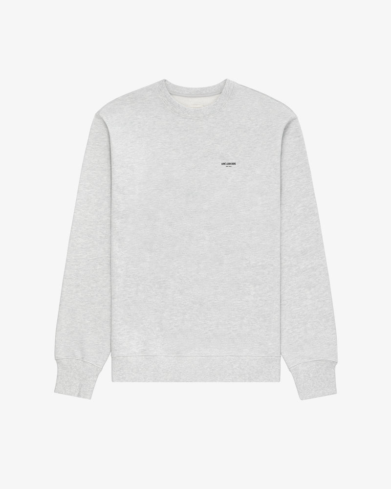 Light gray Micro Logo Crewneck Sweatshirt with small black chest text, shown on a plain white background.