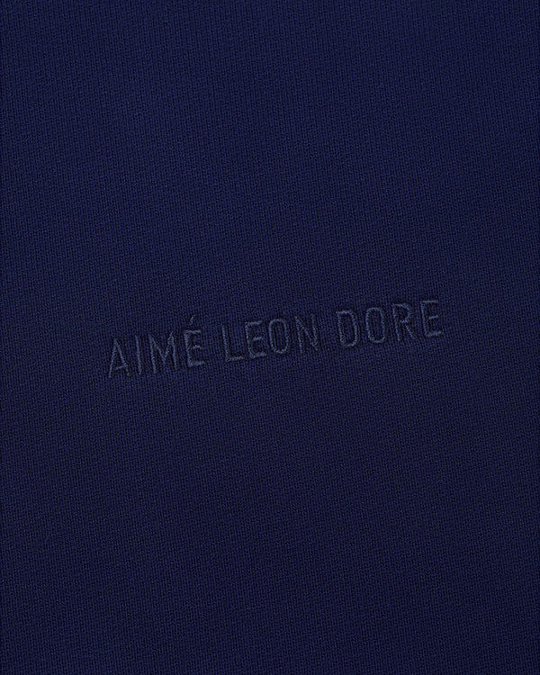 The Tonal Logo Hoodie features navy blue fabric with AIMÉ LEON DORE embossed in matching blue at the center.