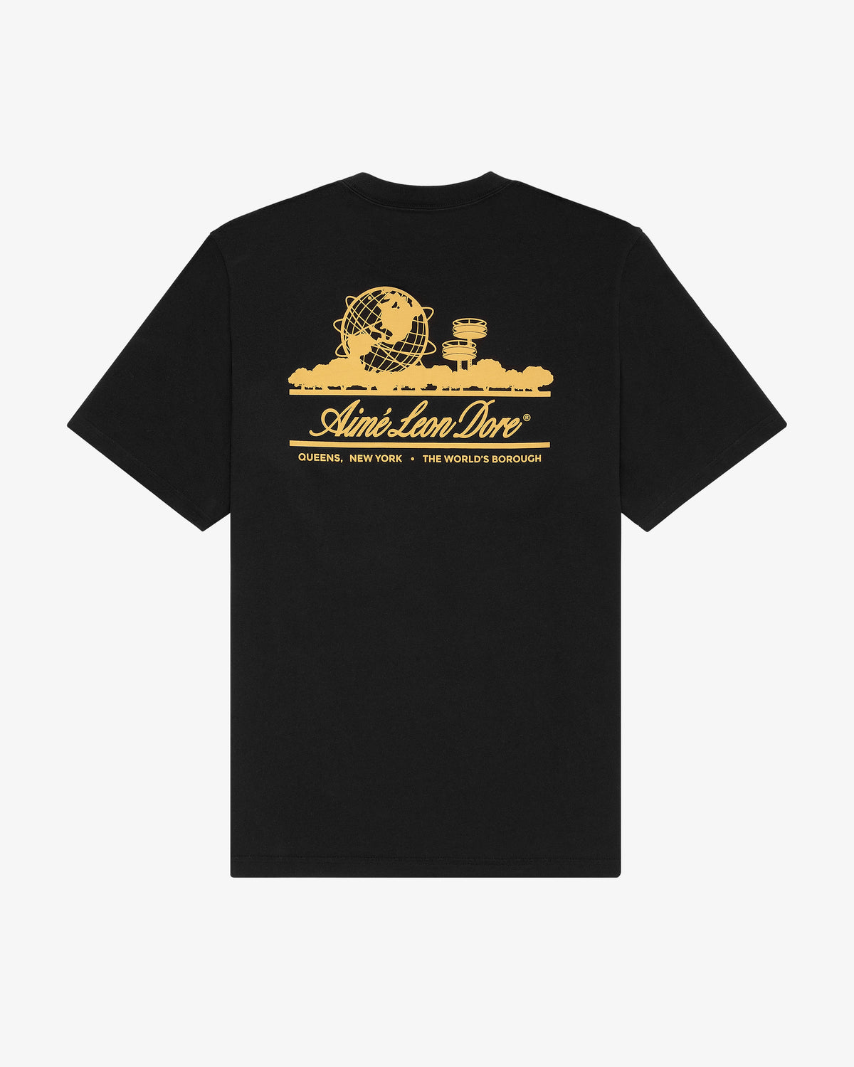 Black Unisphere Tee with yellow Unisphere and cityscape graphic, Aimé Leon Dore text beneath.
