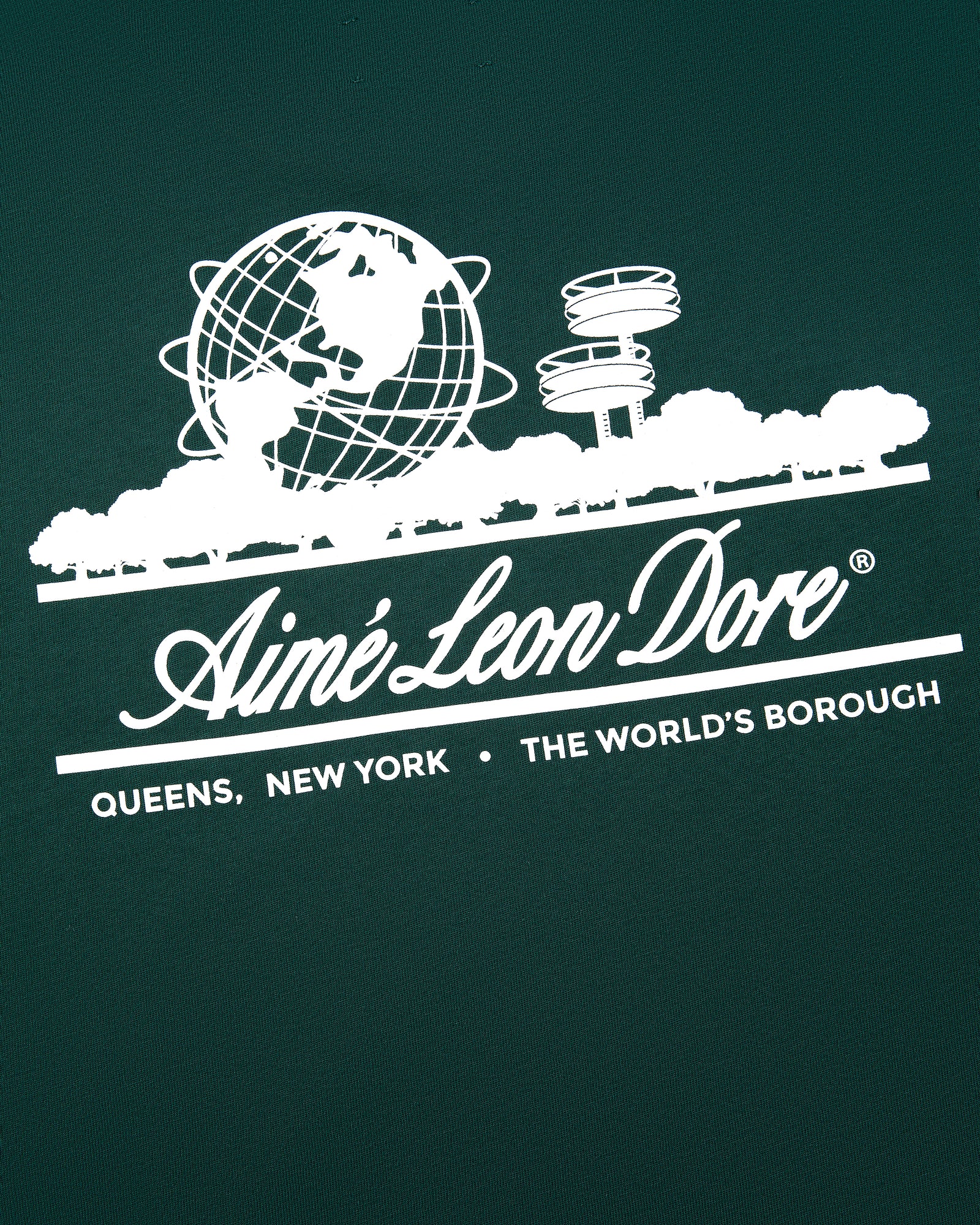 Long-Sleeve Unisphere Tee: White globe, trees & Aimé Leon Dore logo on green background with Queens, NY text.