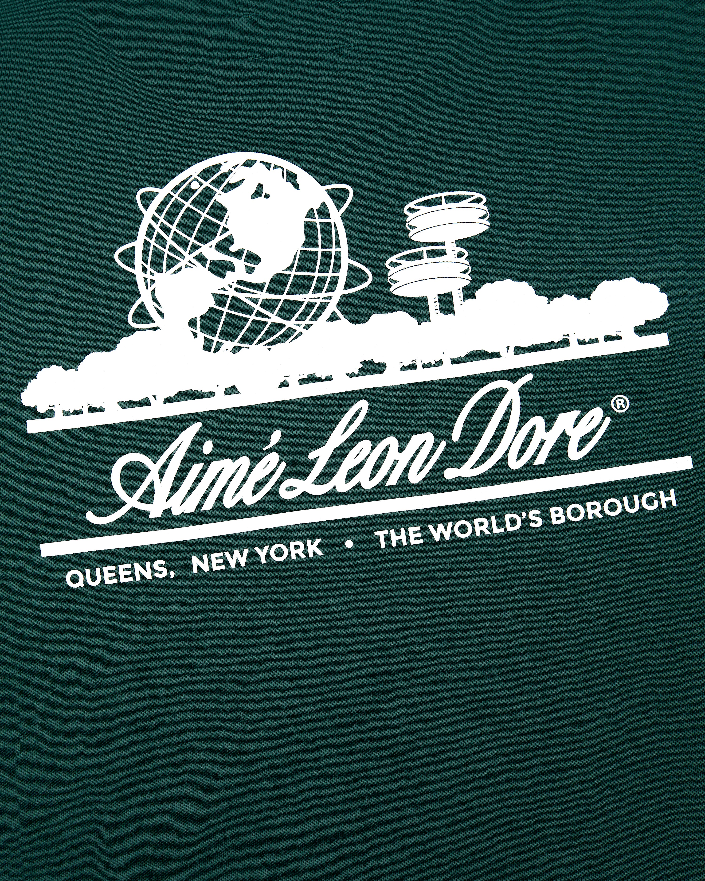 Long-Sleeve Unisphere Tee: White globe, trees & Aimé Leon Dore logo on green background with Queens, NY text.