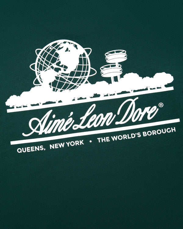 Long-Sleeve Unisphere Tee: White globe, trees & Aimé Leon Dore logo on green background with Queens, NY text.