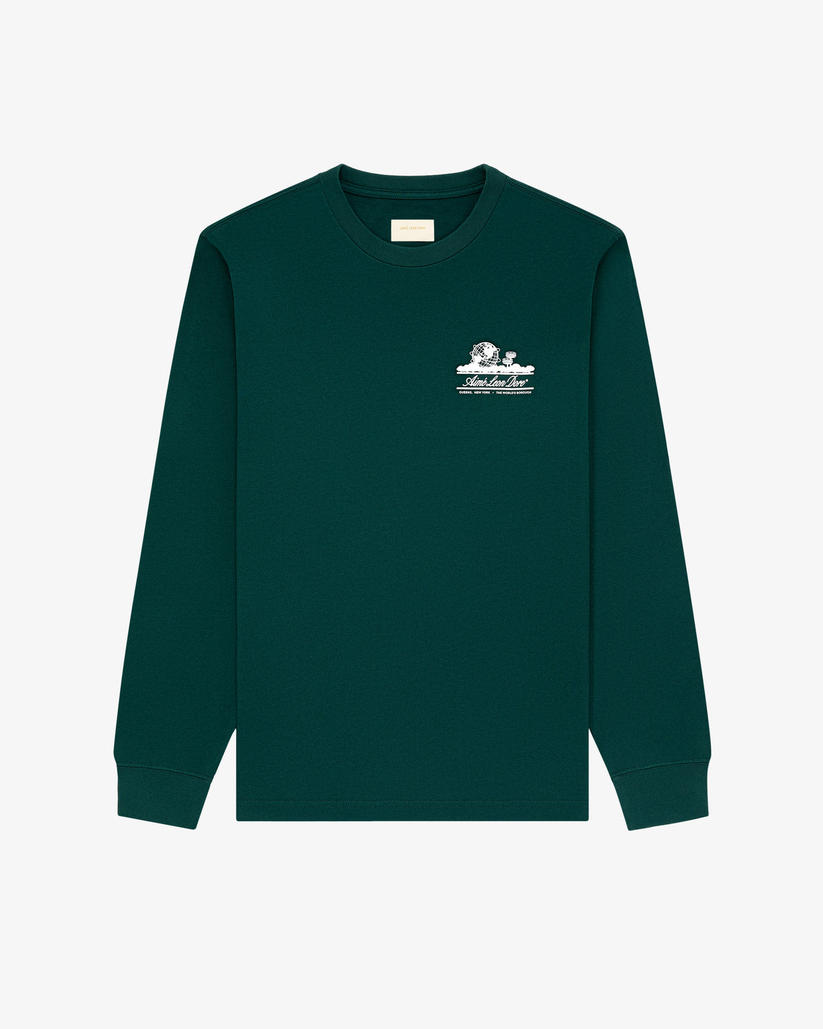 Long-Sleeve Unisphere Tee in dark green with a small white graphic and text on the left chest, shown on white background.