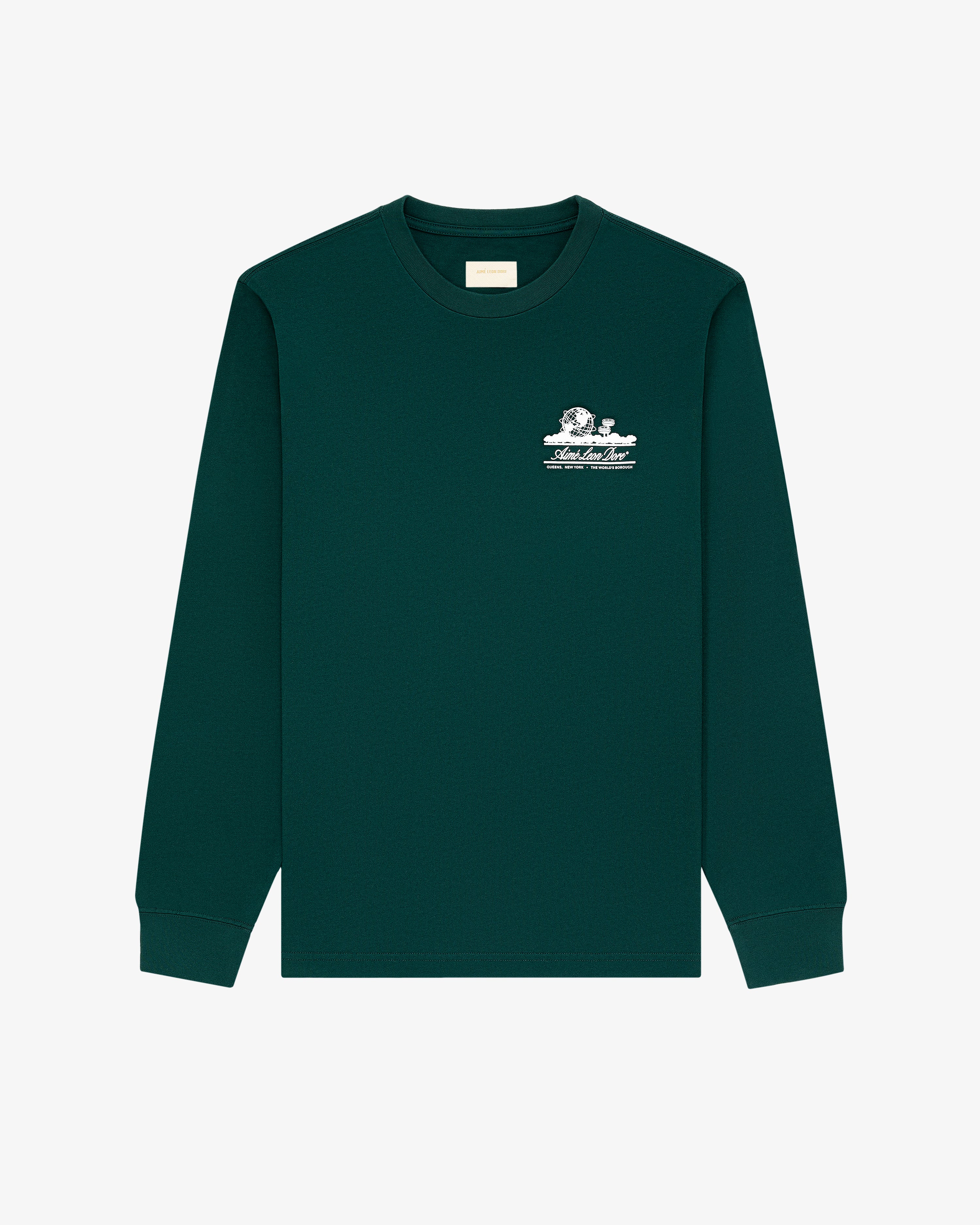 Long-Sleeve Unisphere Tee in dark green with a small white graphic and text on the left chest, shown on white background.
