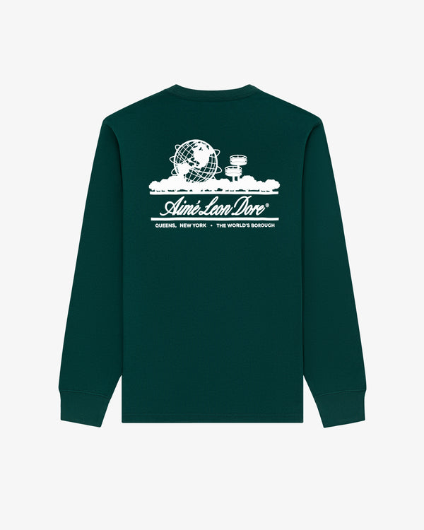 The Long-Sleeve Unisphere Tee is dark green with a white Unisphere and Aimé Leon Dore text graphic on the back.