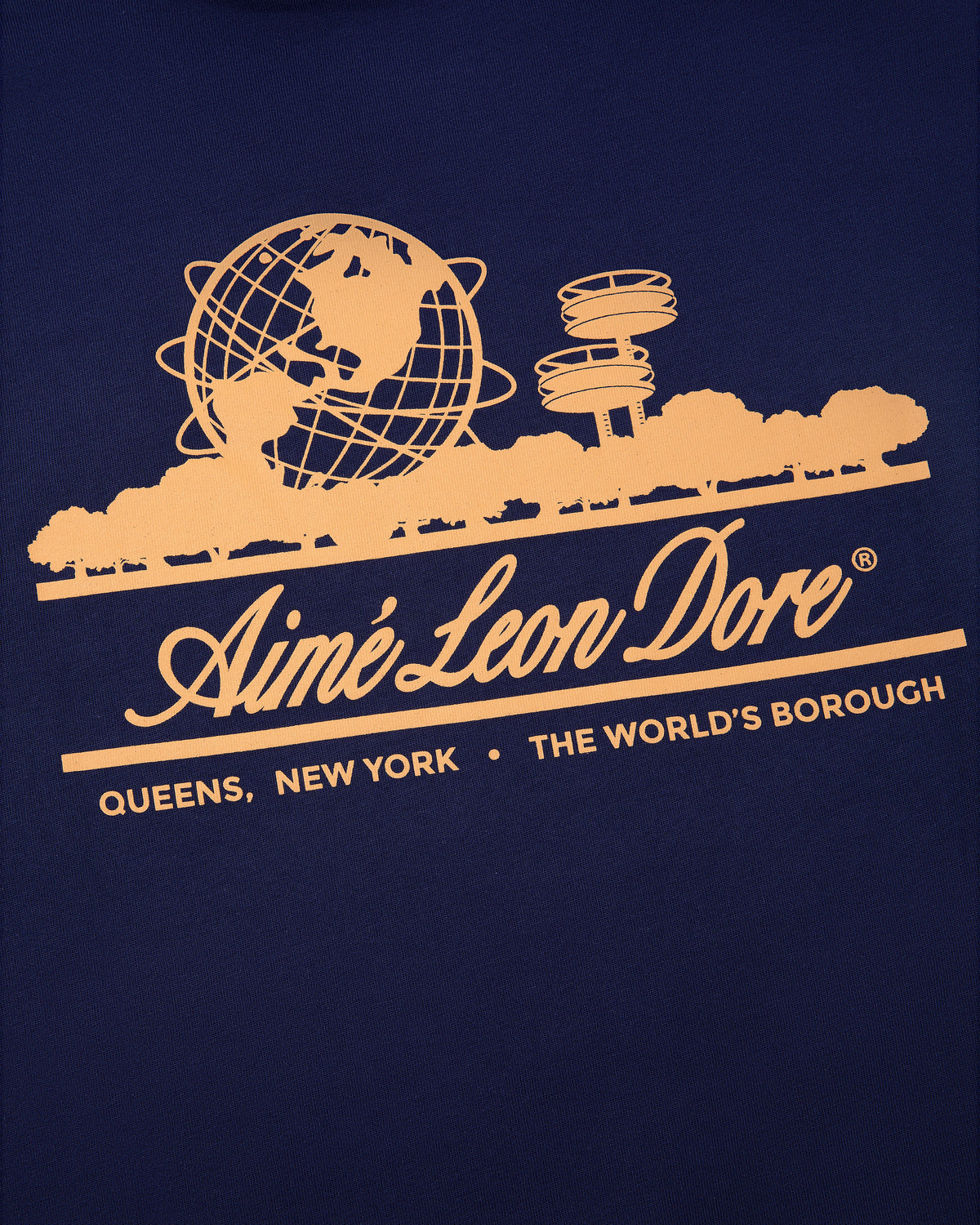 Yellow graphic of globe, towers & trees with "Aimé Leon Dore" and "Queens, New York" on Long-Sleeve Unisphere Tee.