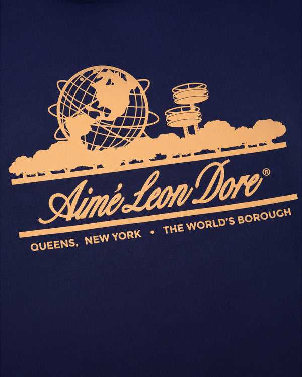Yellow graphic of globe, towers & trees with "Aimé Leon Dore" and "Queens, New York" on Long-Sleeve Unisphere Tee.