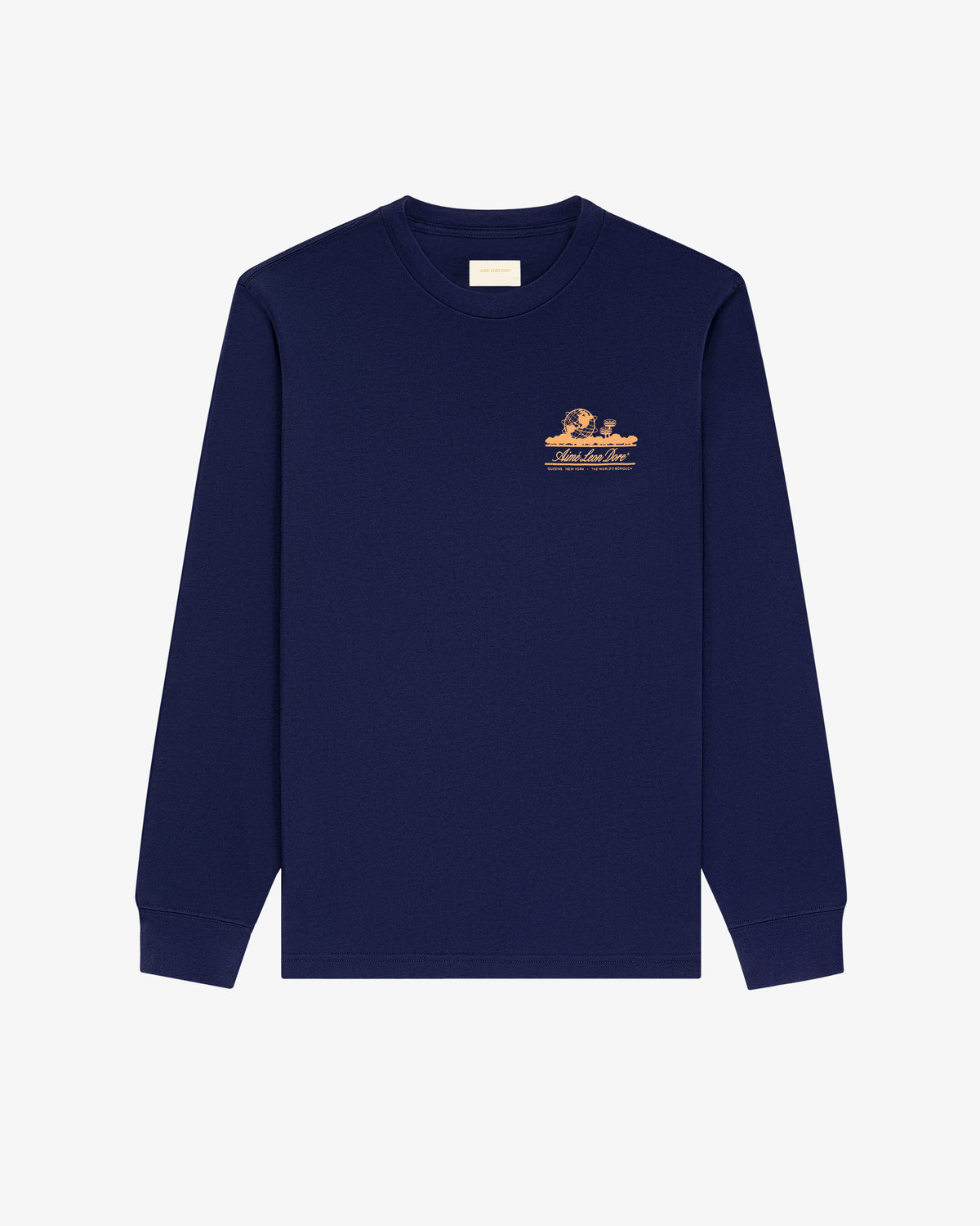 The Long-Sleeve Unisphere Tee is navy blue with a small peach graphic and text on the left chest.