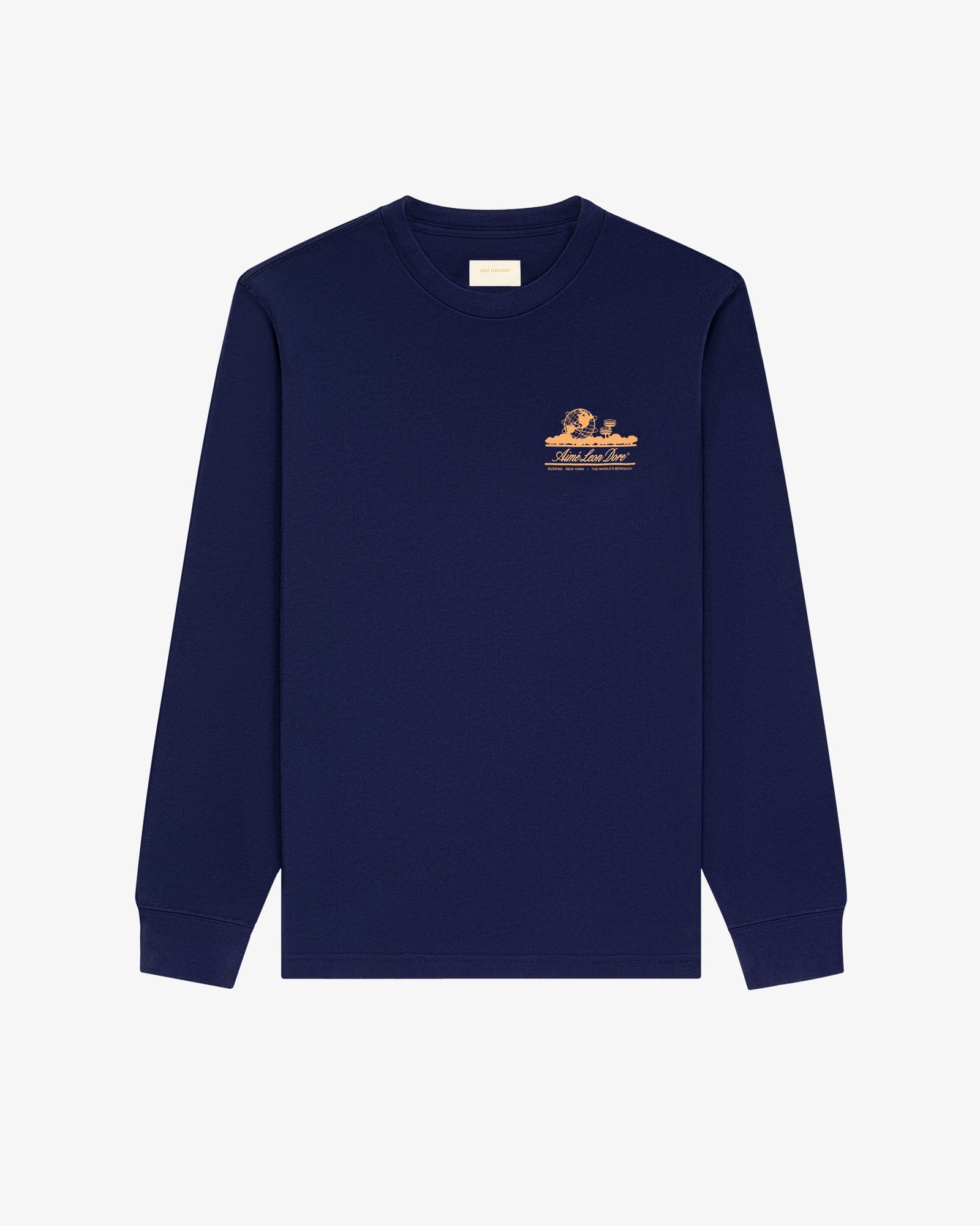 The Long-Sleeve Unisphere Tee is navy blue with a small peach graphic and text on the left chest.