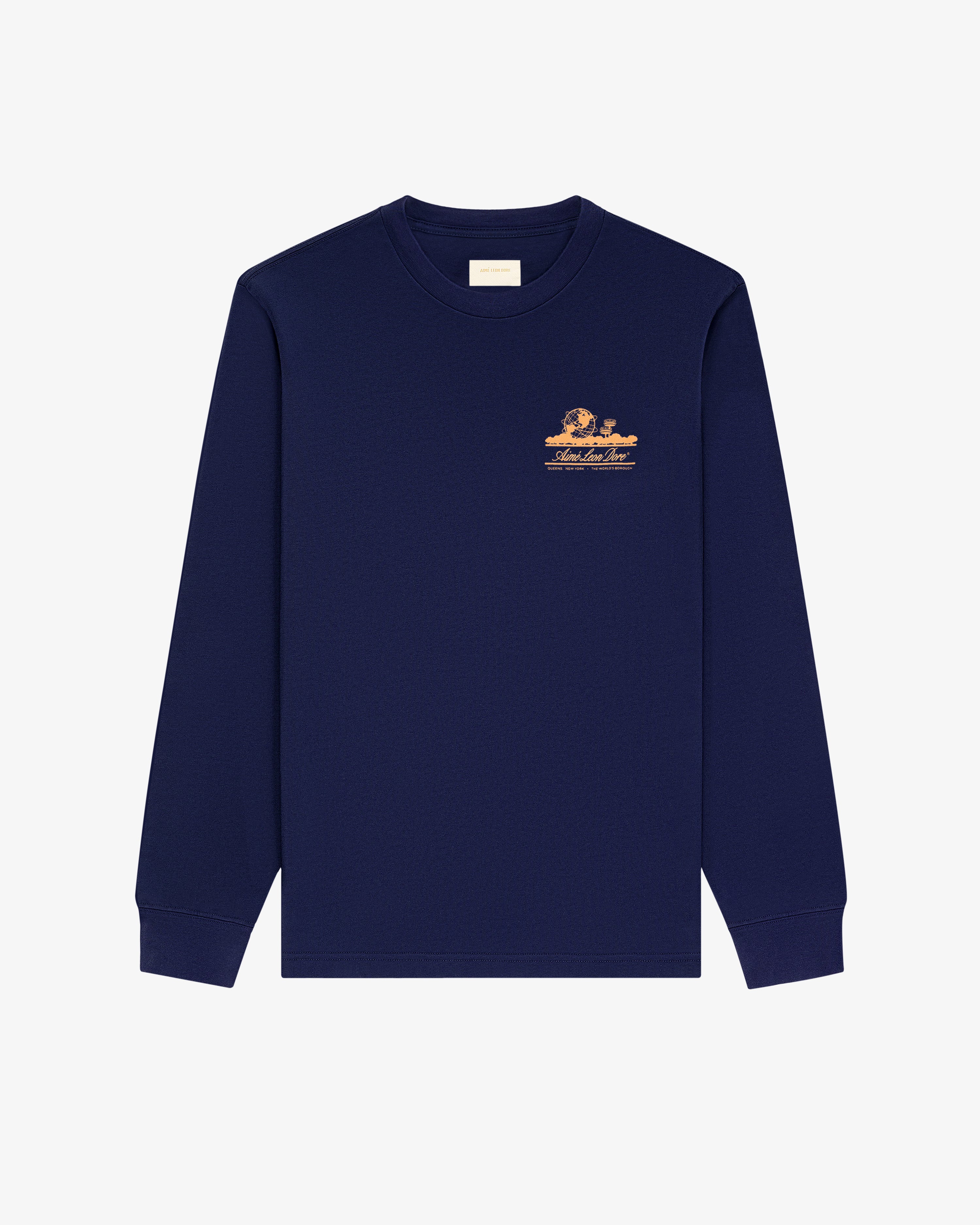 The Long-Sleeve Unisphere Tee is navy blue with a small peach graphic and text on the left chest.
