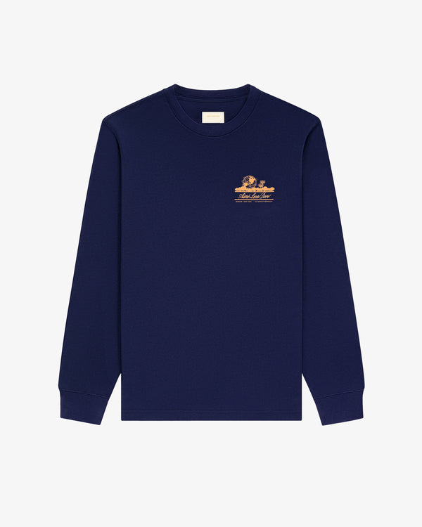 The Long-Sleeve Unisphere Tee is navy blue with a small peach graphic and text on the left chest.