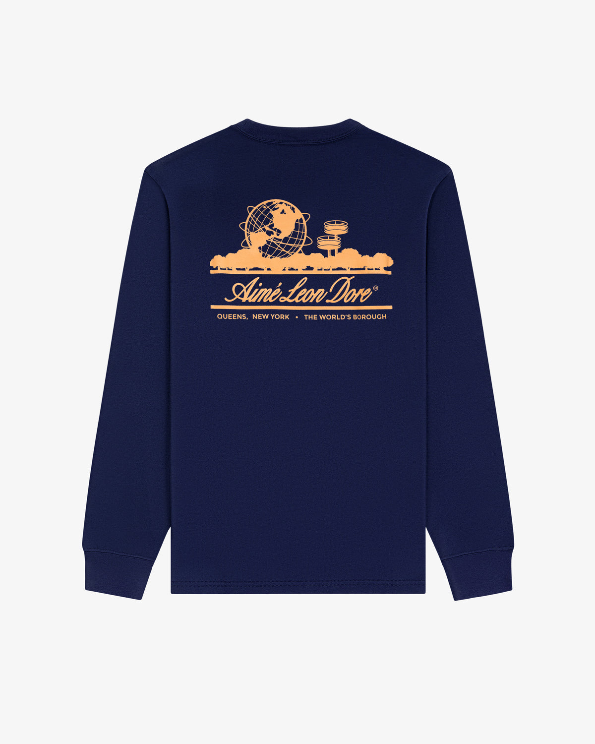 Navy Long-Sleeve Unisphere Tee with peach Queens landmarks and Aimé Leon Dore graphics on the back.