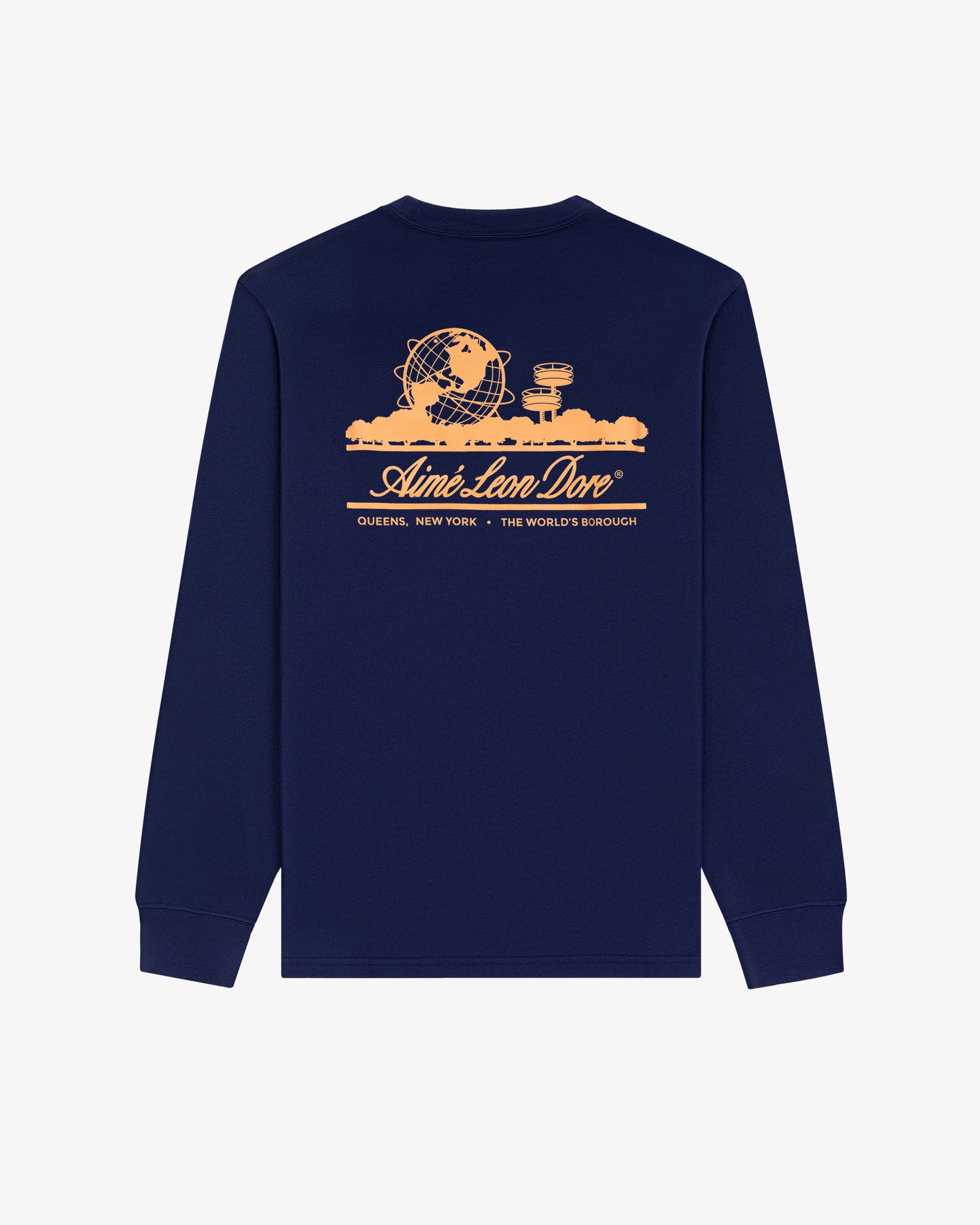 Navy Long-Sleeve Unisphere Tee with peach Queens landmarks and Aimé Leon Dore graphics on the back.