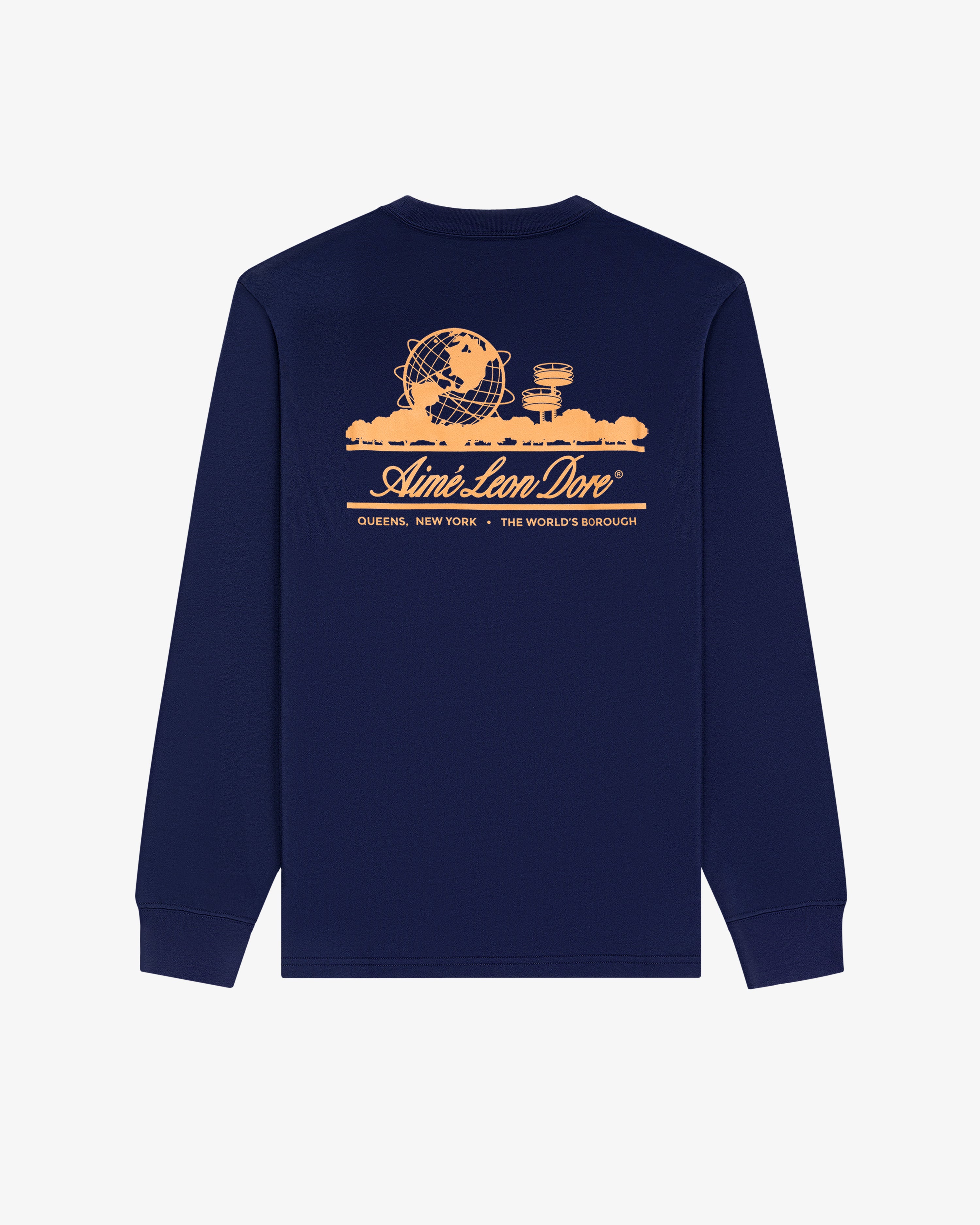 Navy Long-Sleeve Unisphere Tee with peach Queens landmarks and Aimé Leon Dore graphics on the back.