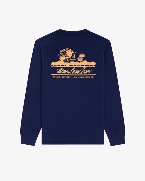 Navy Long-Sleeve Unisphere Tee with peach Queens landmarks and Aimé Leon Dore graphics on the back.