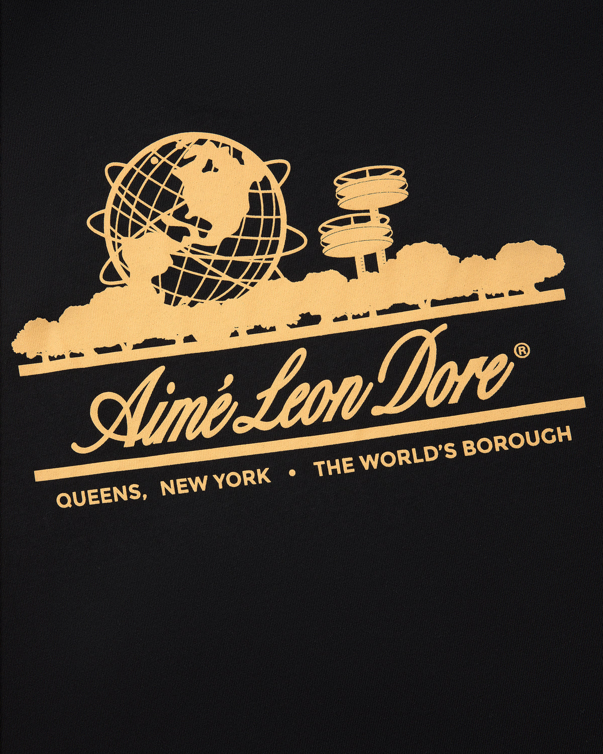 Yellow globe and buildings above Aimé Leon Dore, Queens, NY, The Worlds Borough on black Unisphere Tee.