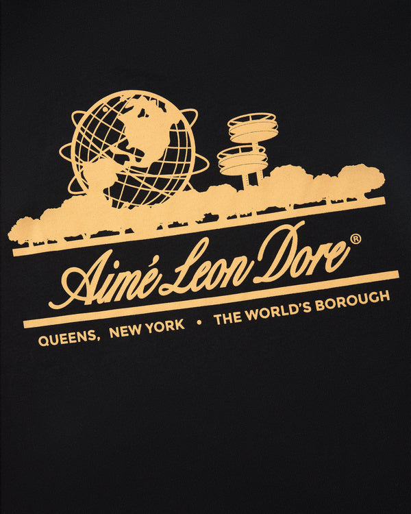 Yellow Unisphere Aimé Leon Dore logo with globe and NYC icons on black; "Queens, New York" text below.