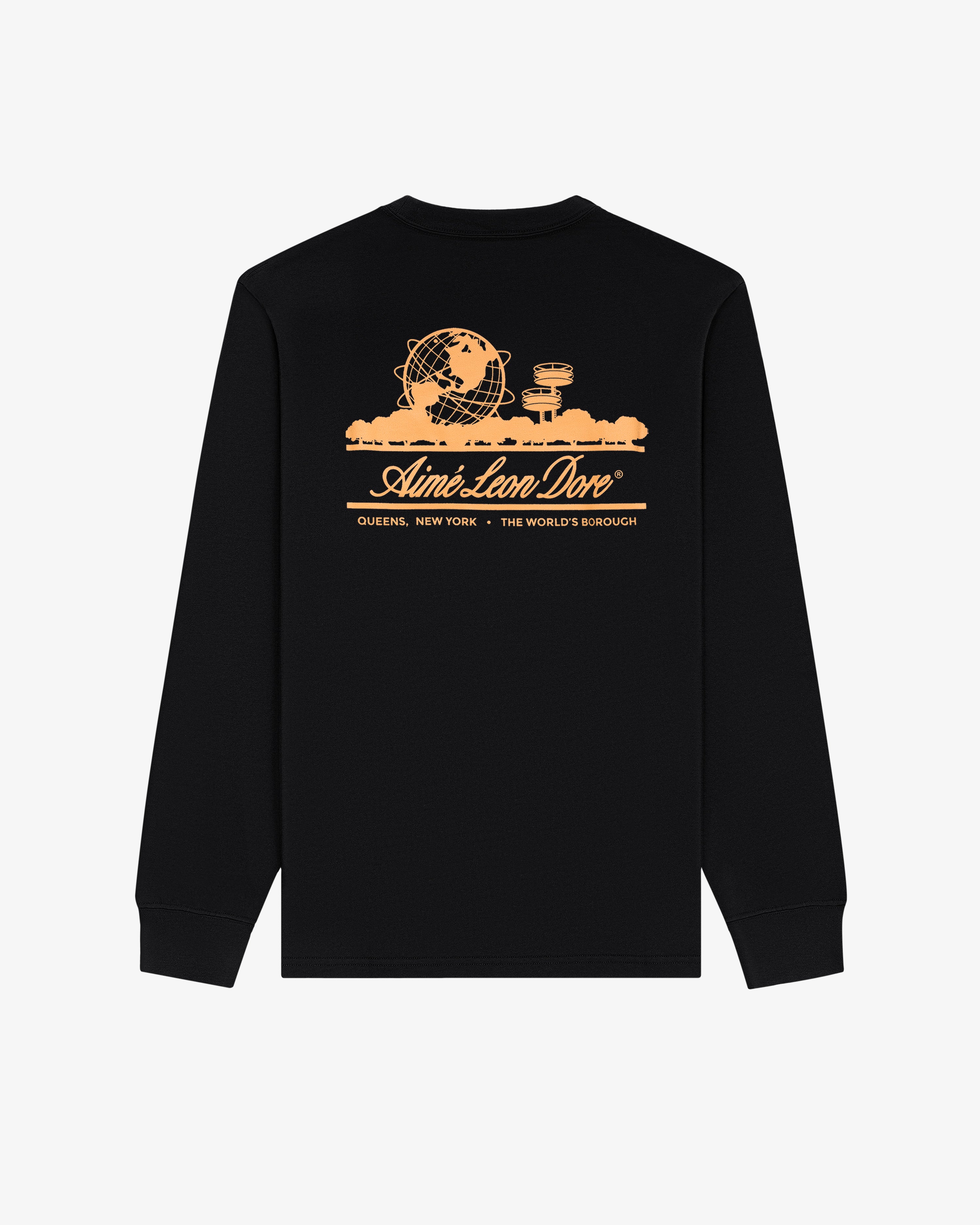 Black Long-Sleeve Unisphere Tee featuring orange Queens landmarks and Aimé Leon Dore, Queens, New York text.