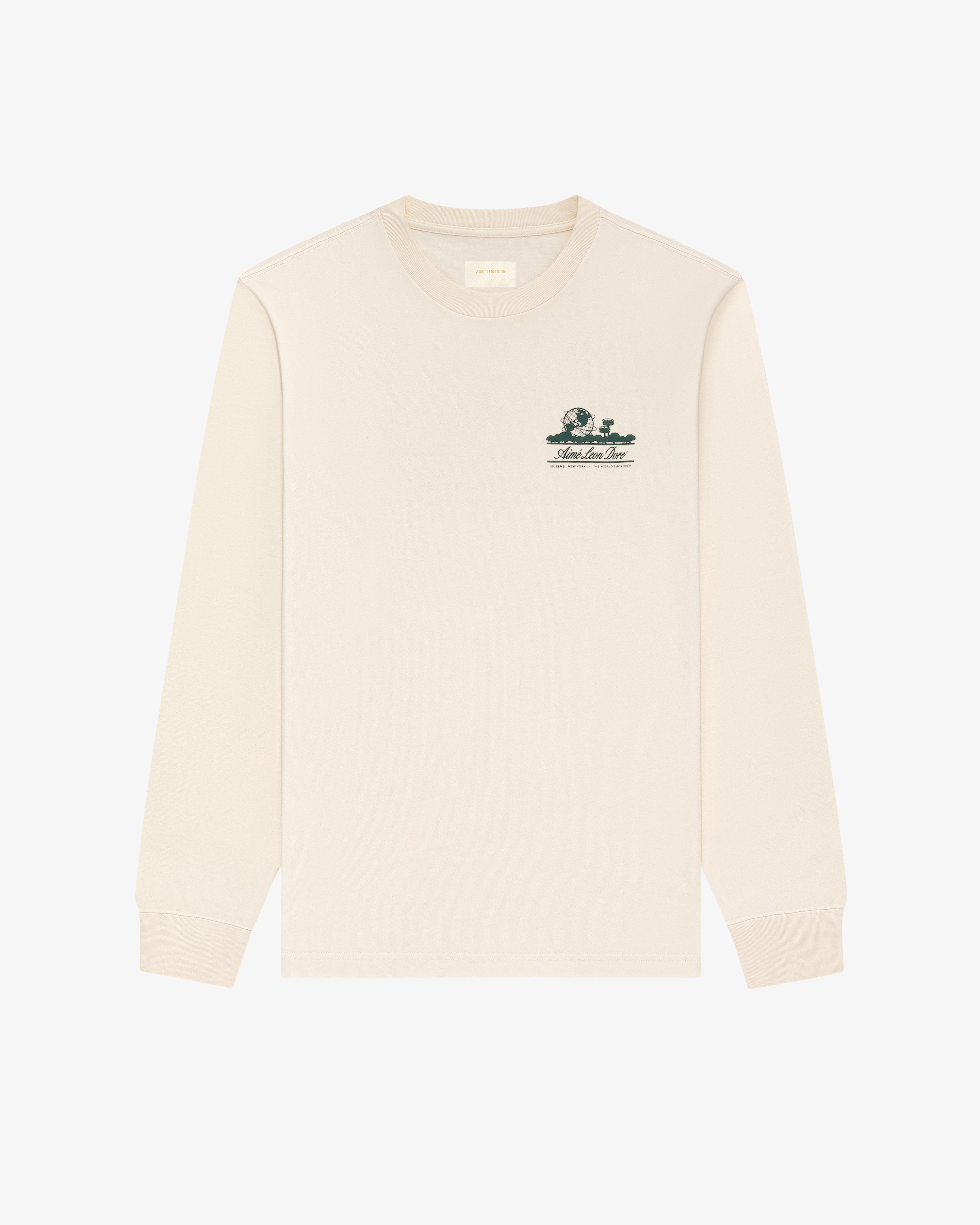 Long-Sleeve Unisphere Tee in beige with a small dark green graphic and text on the left chest, shown on white background.