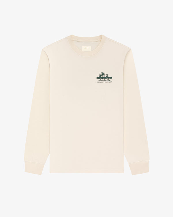 Long-Sleeve Unisphere Tee in beige with a small dark green graphic and text on the left chest, shown on white background.