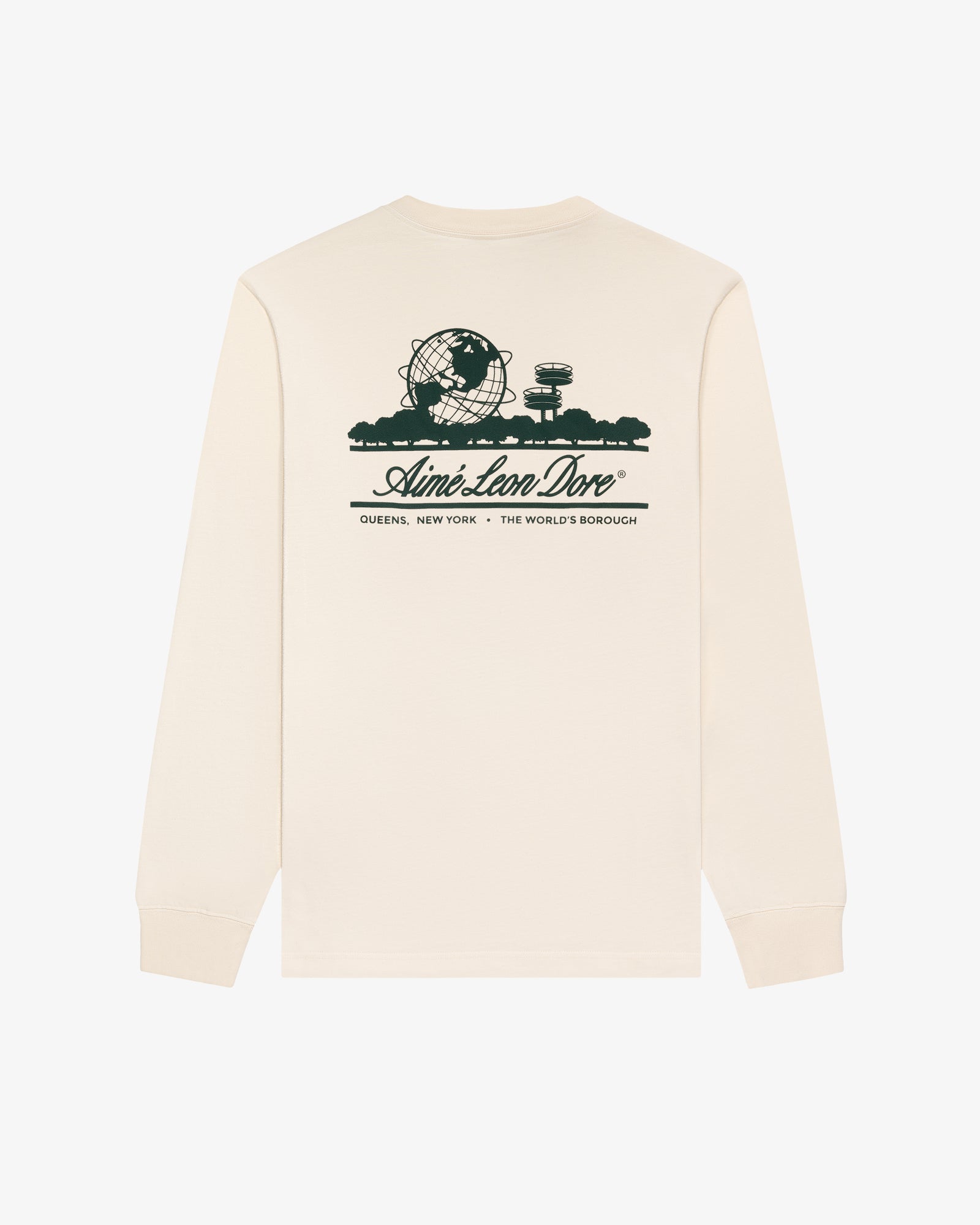 The Long-Sleeve Unisphere Tee is off-white with a green Unisphere graphic and "Aimé Leon Dore" text on the back.