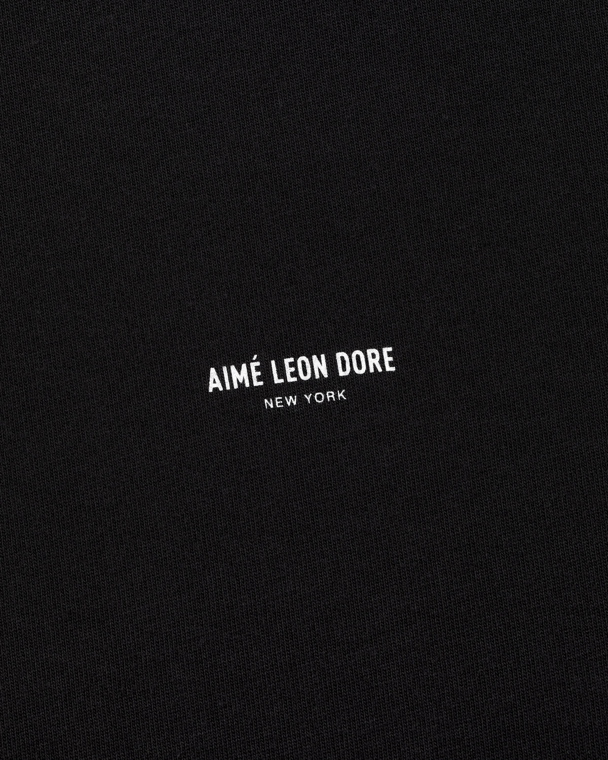 Black Micro Logo Tee with small white AIMÉ LEON DORE NEW YORK text in the center.