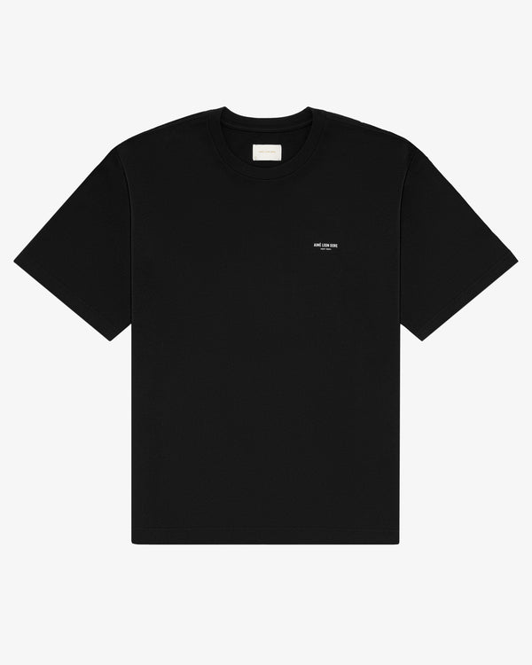 Micro Logo Tee: Black short-sleeve shirt with small white logo on left chest, shown on plain white background.