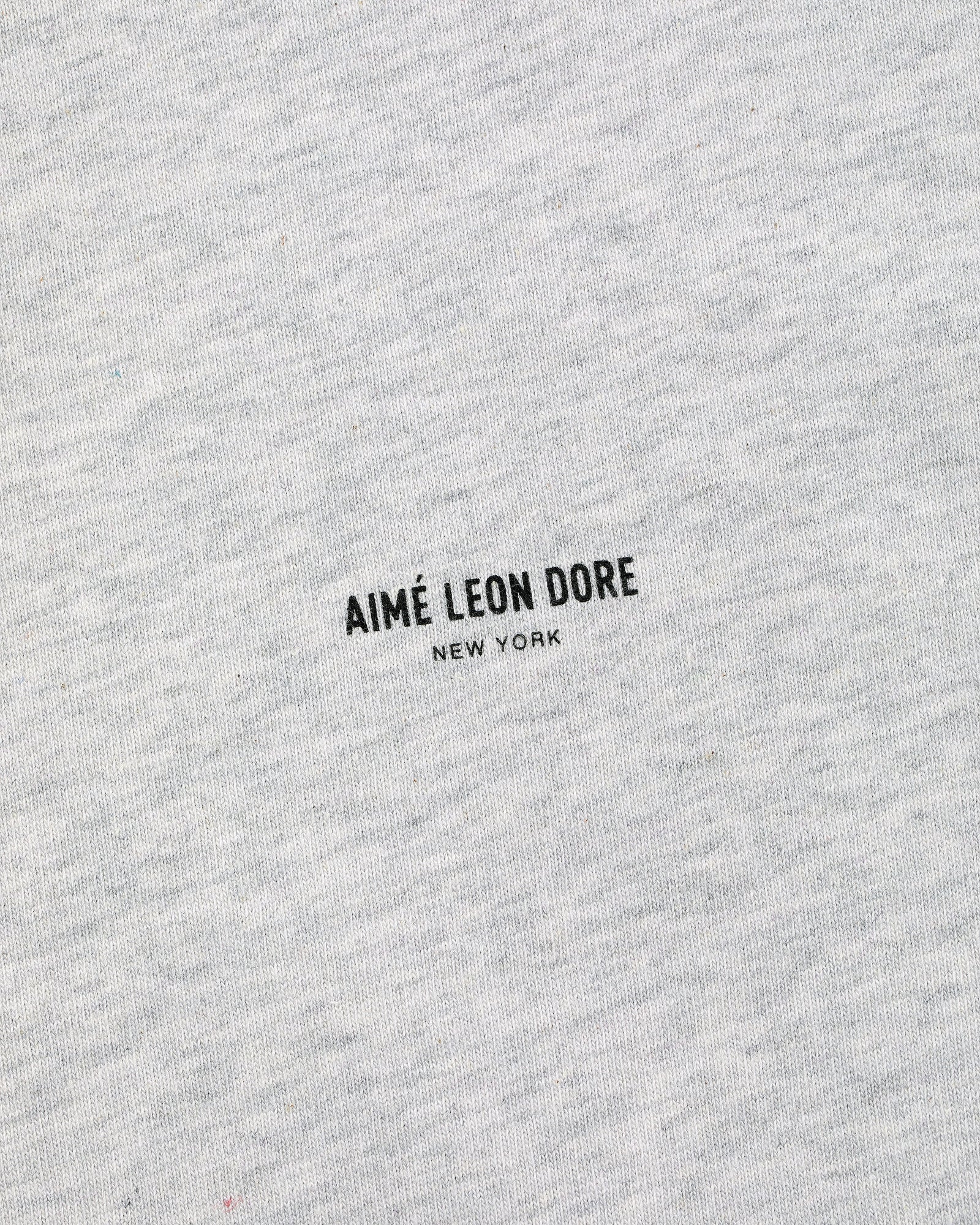 Close-up of a gray Micro Logo Tee with small black AIMÉ LEON DORE NEW YORK print in the center.