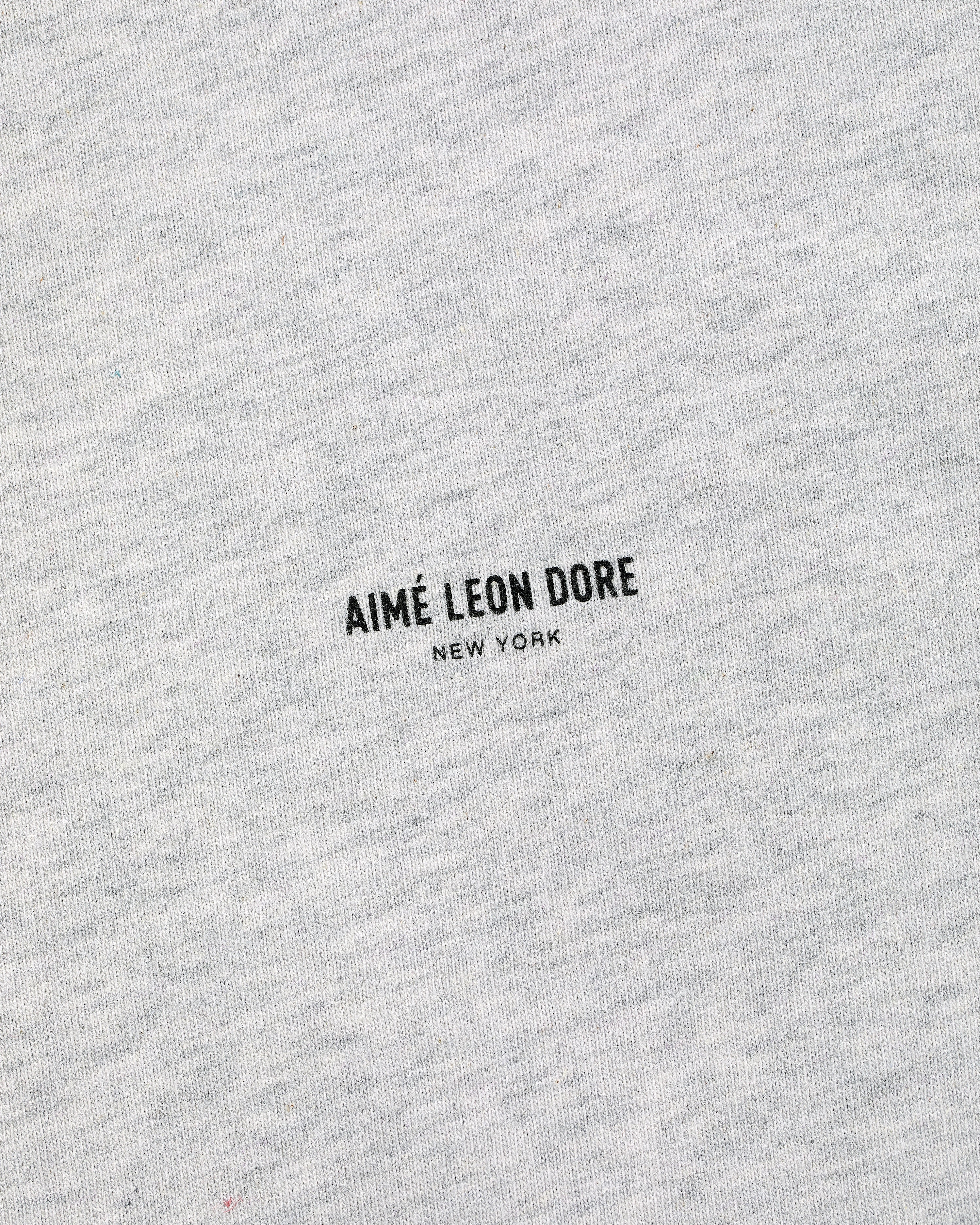 Close-up of a gray Micro Logo Tee with small black AIMÉ LEON DORE NEW YORK print in the center.