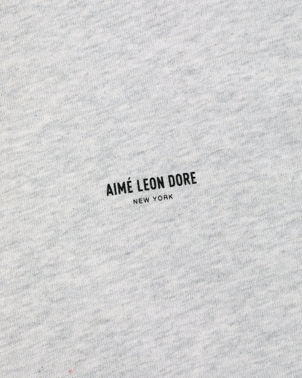 Close-up of a gray Micro Logo Tee with small black AIMÉ LEON DORE NEW YORK print in the center.