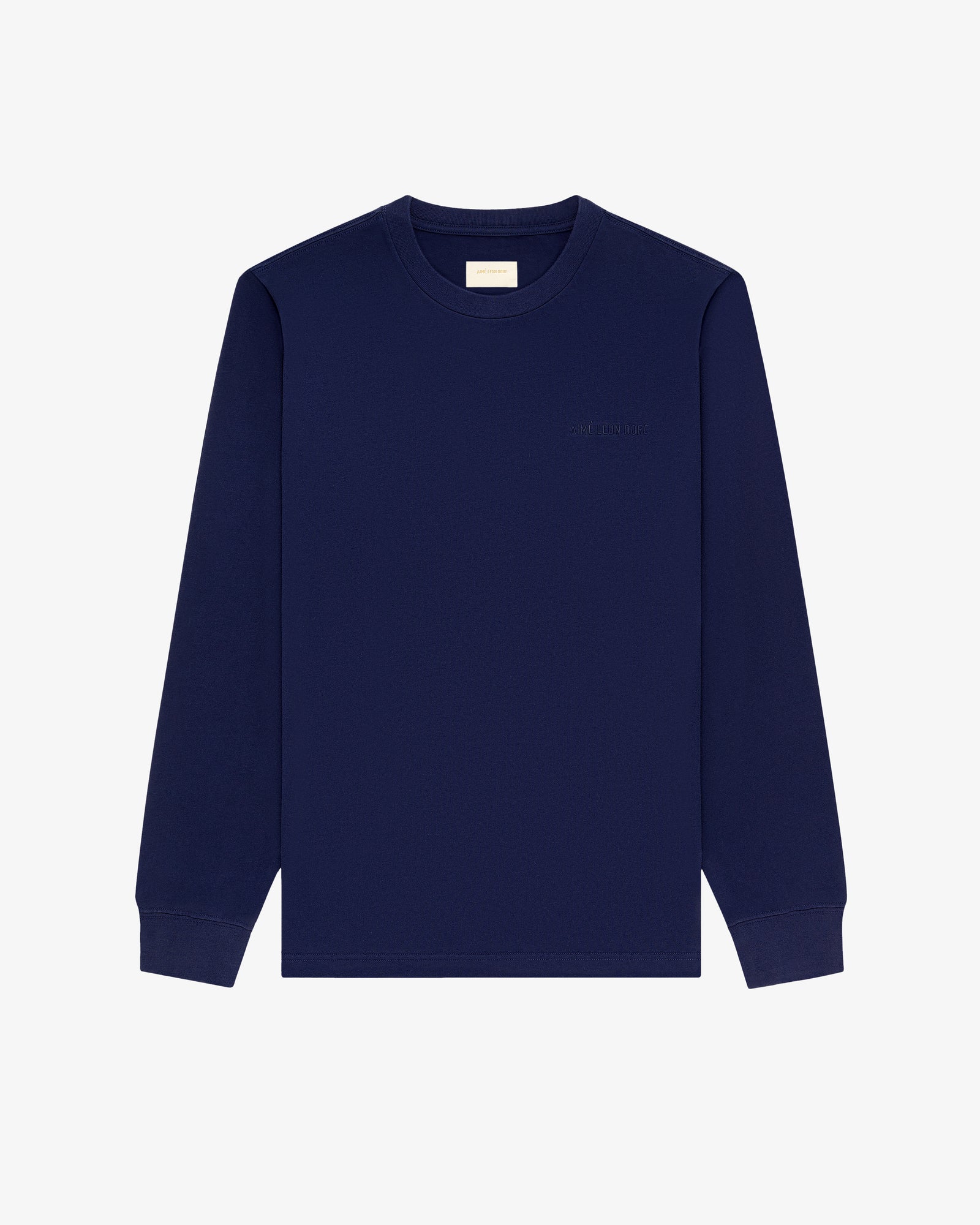 Long-Sleeve Tonal Logo Tee in navy blue with ribbed cuffs, displayed on a plain white background.