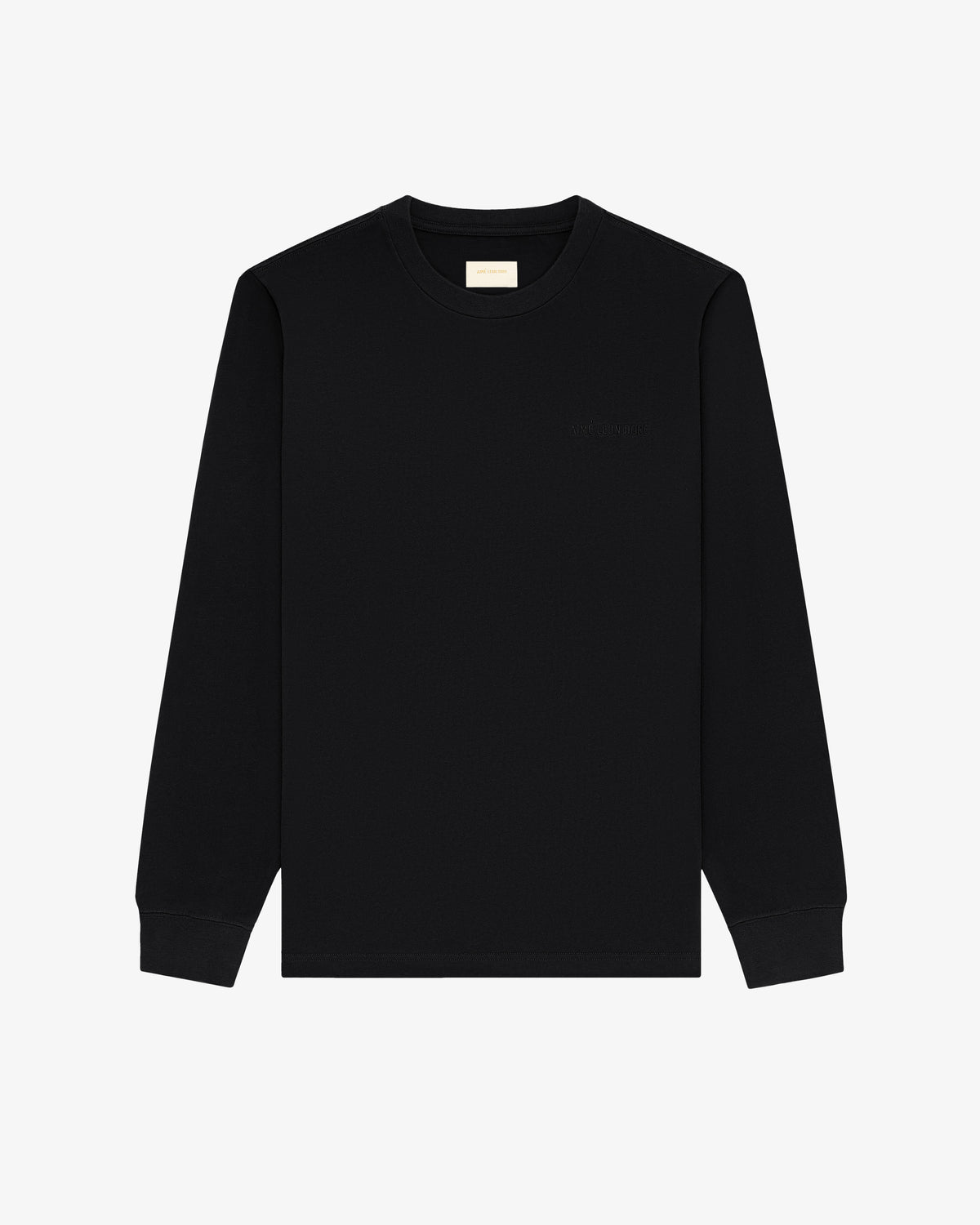 Long-Sleeve Tonal Logo Tee with ribbed cuffs, crewneck, in black, displayed on a plain white background.