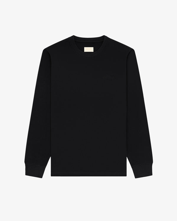 Long-Sleeve Tonal Logo Tee with ribbed cuffs, crewneck, in black, displayed on a plain white background.