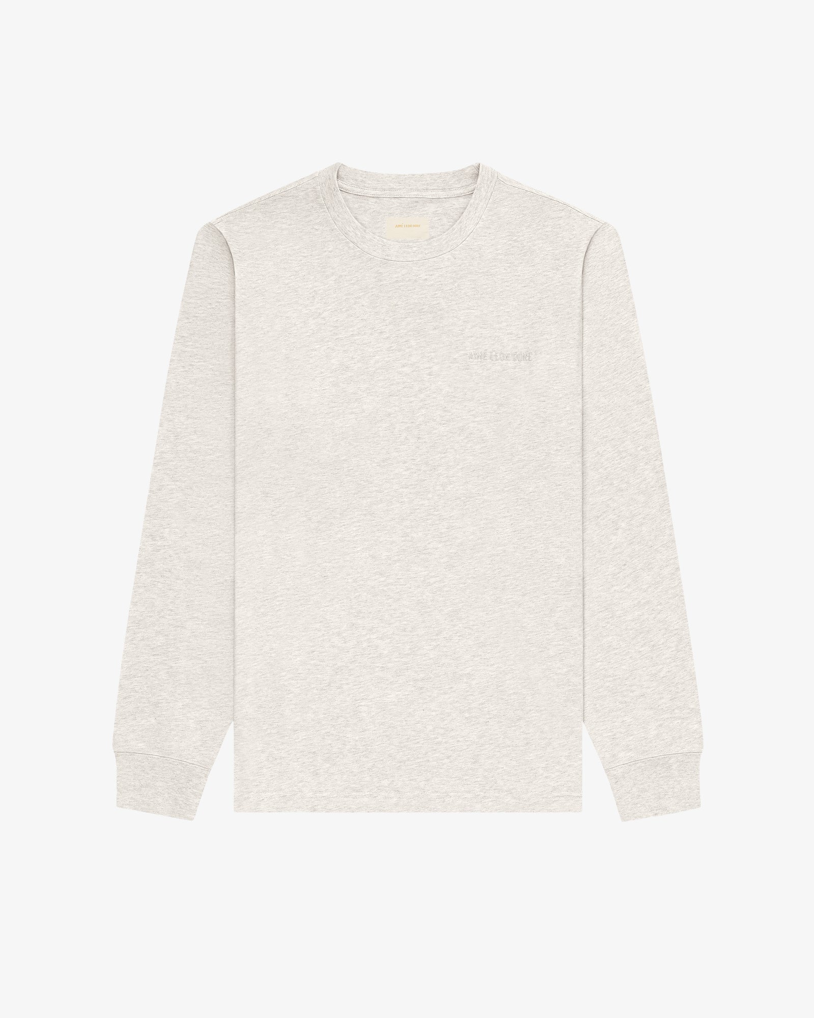 Long-Sleeve Tonal Logo Tee in light gray, crewneck style, laid flat on a white background.