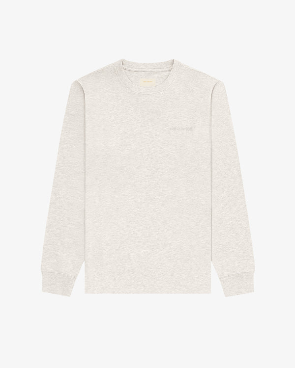 Long-Sleeve Tonal Logo Tee in light gray, crewneck style, laid flat on a white background.