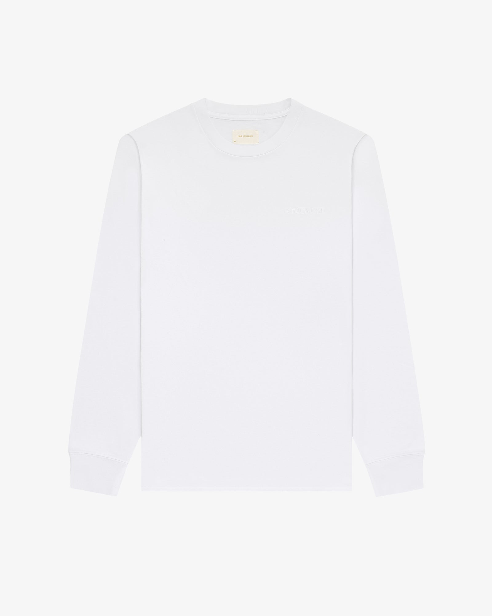 Long-Sleeve Tonal Logo Tee in white, crewneck style, laid flat on a white background.