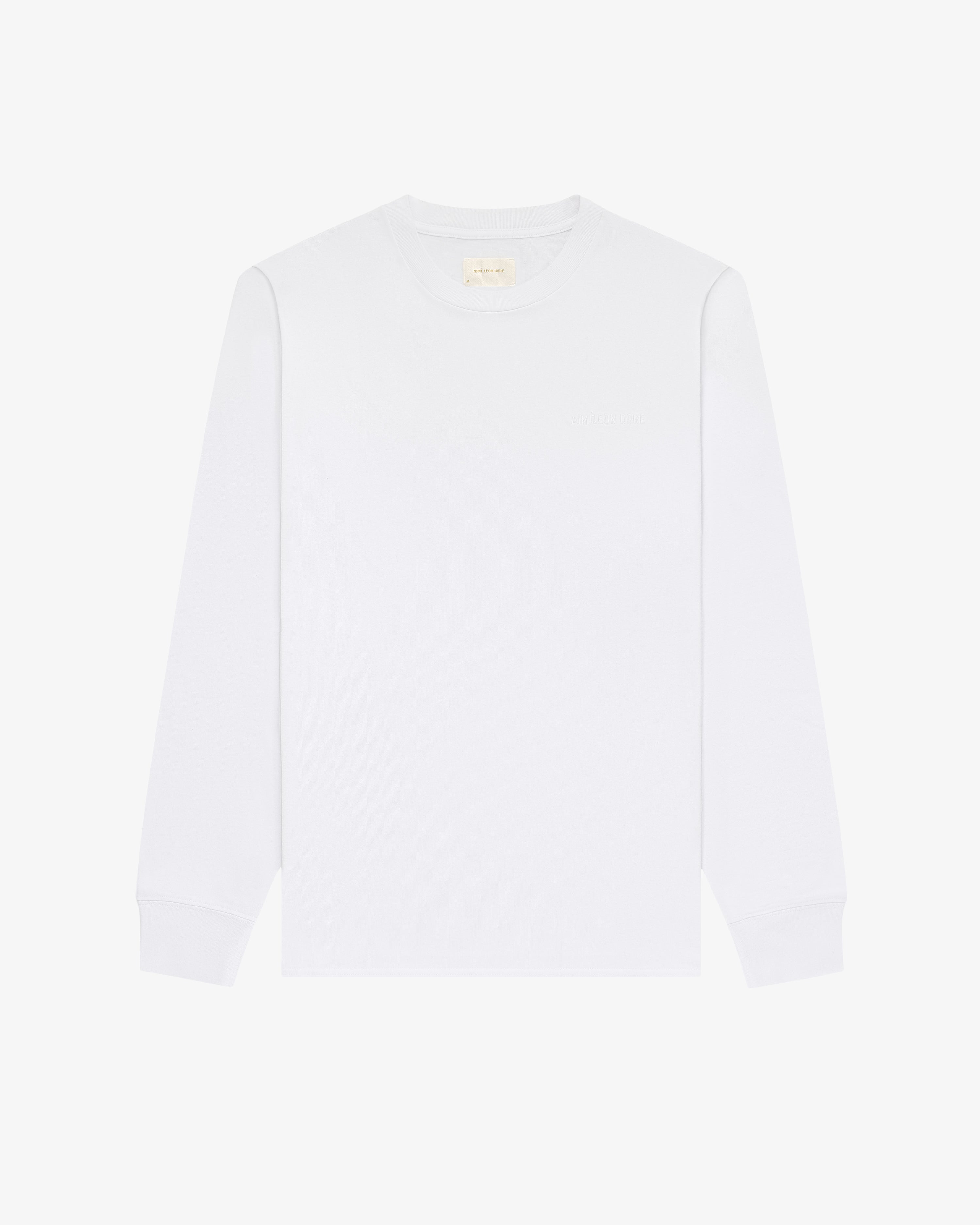 Long-Sleeve Tonal Logo Tee in white, crewneck style, laid flat on a white background.