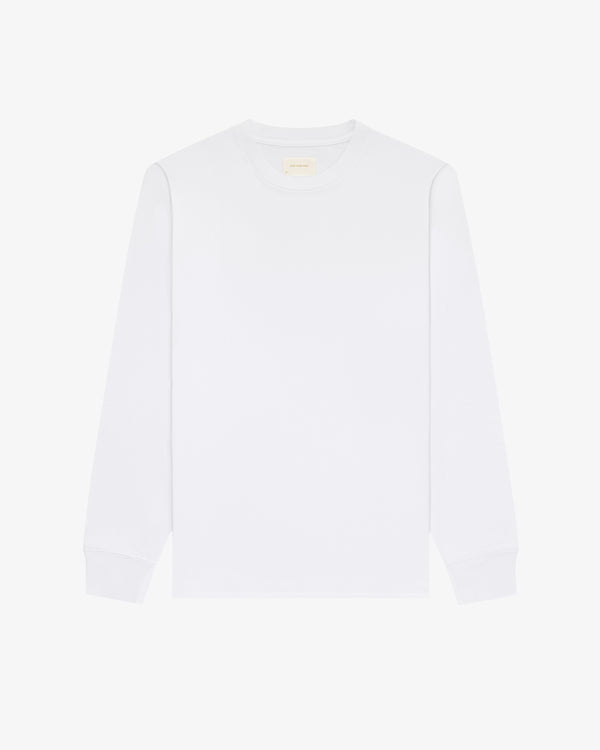 Long-Sleeve Tonal Logo Tee in white, crewneck style, laid flat on a white background.