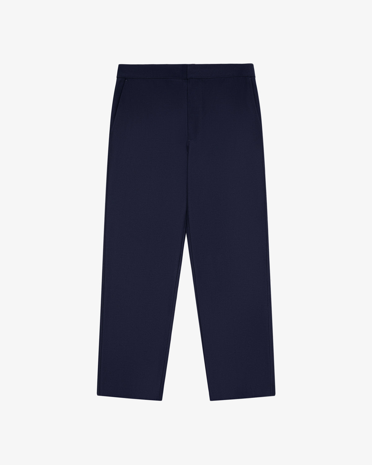 Tropical Wool Elasticated Waist Suit Trouser in navy, straight-leg and tailored fit, shown laid flat on white.